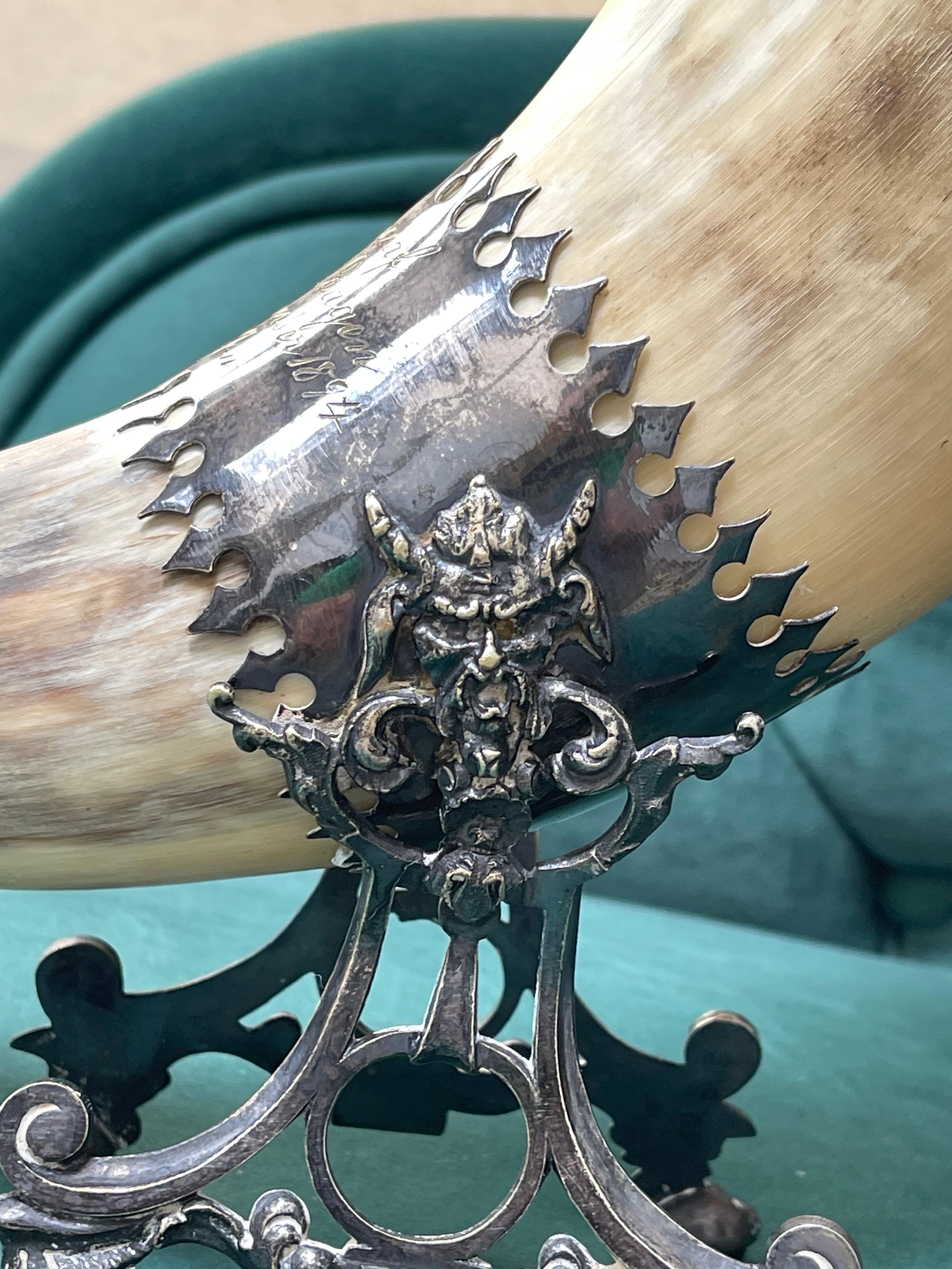 Carved Sculpture Decorative BEVERAGE HORN, Rare Bone & Silver 1894 Wine Drinking Glass