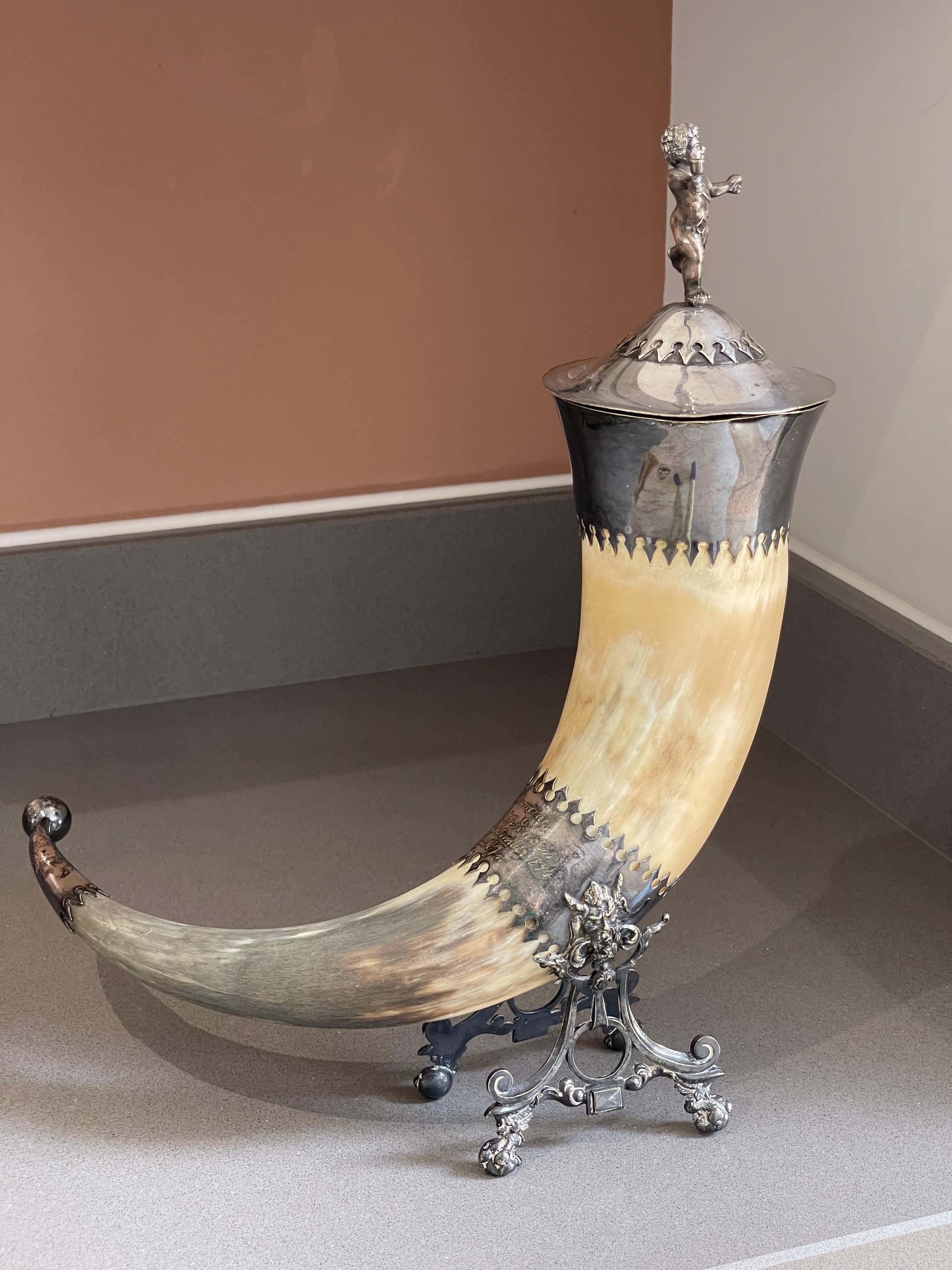 Late 19th Century Sculpture Decorative BEVERAGE HORN, Rare Bone & Silver 1894 Wine Drinking Glass