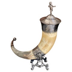 Sculpture Decorative BEVERAGE HORN, Rare Bone & Silver 1894 Wine Drinking Glass