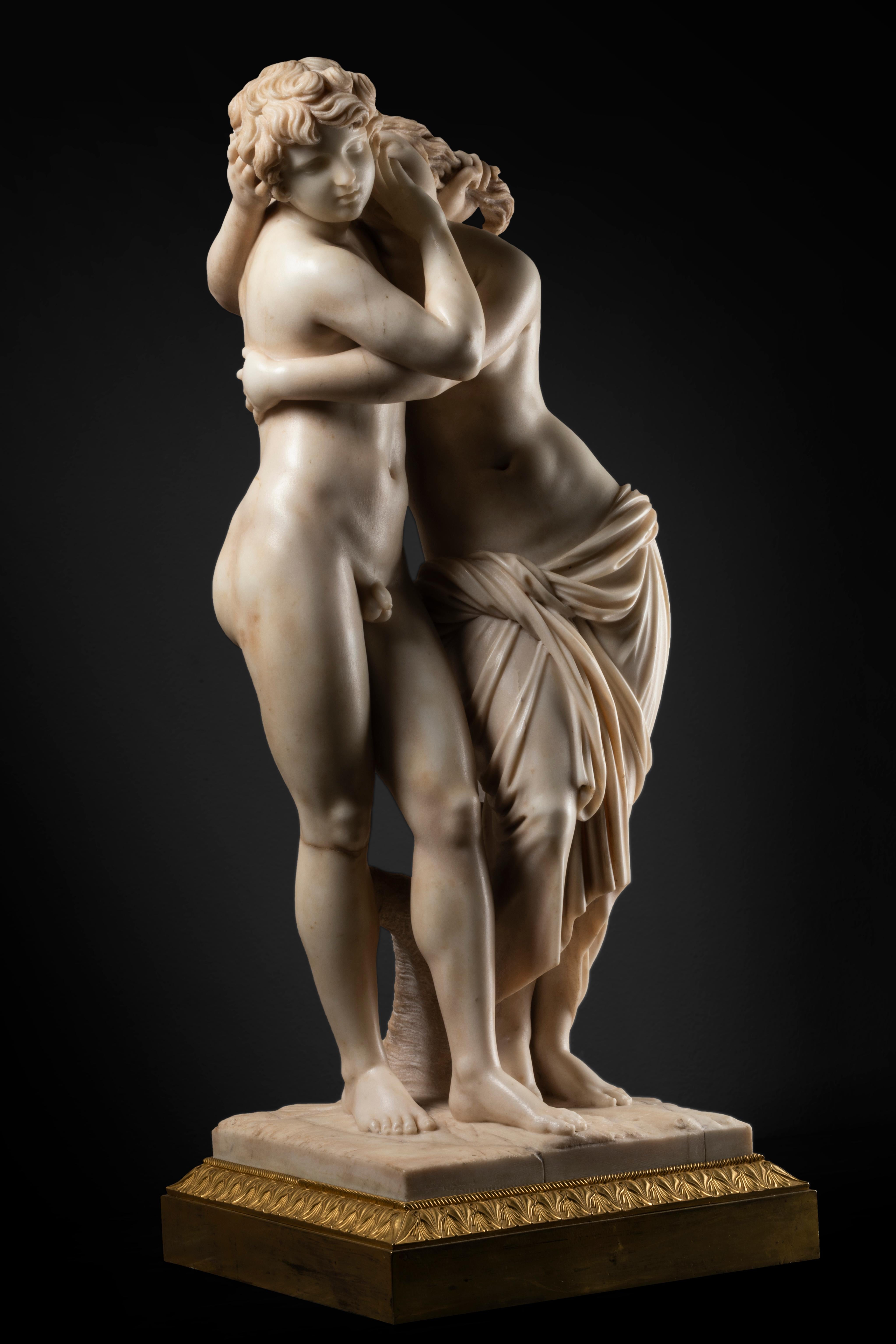Sculpture depicting Byblis & Caunos sculpted in white marble with a base of gilt bronze. Top quality.