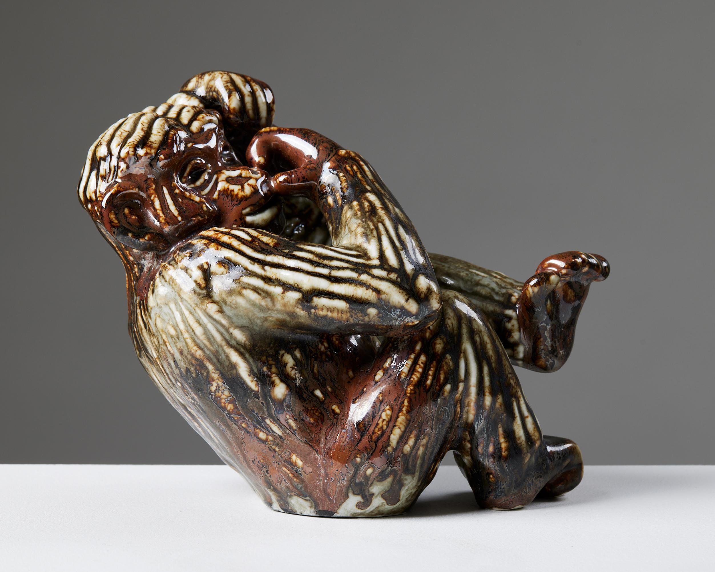 Mid-Century Modern Monkey Sculpture by Gunnar Nylund for Rörstrand, Sweden, 1950s, Glazed Stoneware For Sale