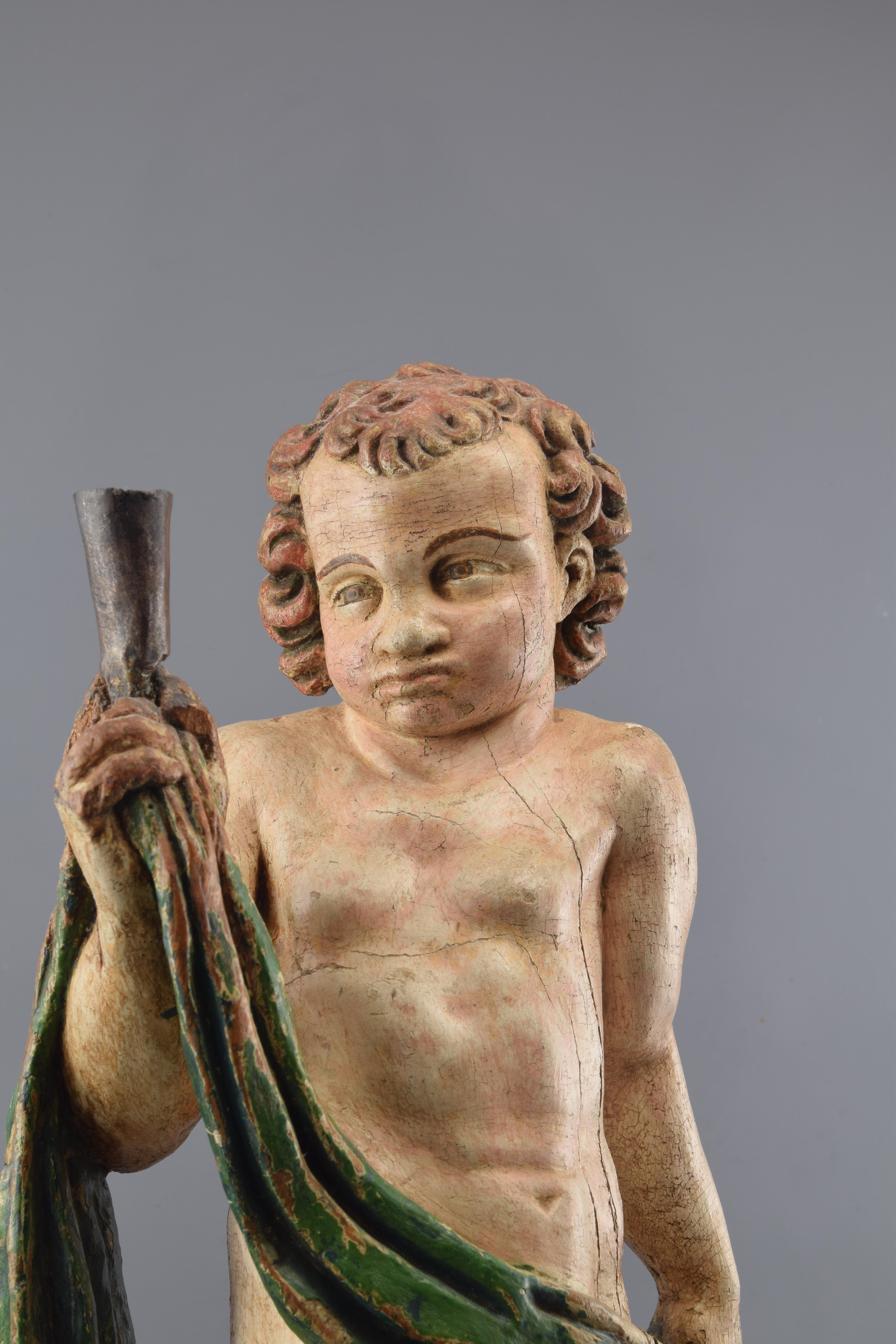 Sculpture, Figural Candlestick Castillian School, Spain, 16th-17th Centuries In Fair Condition For Sale In Madrid, ES