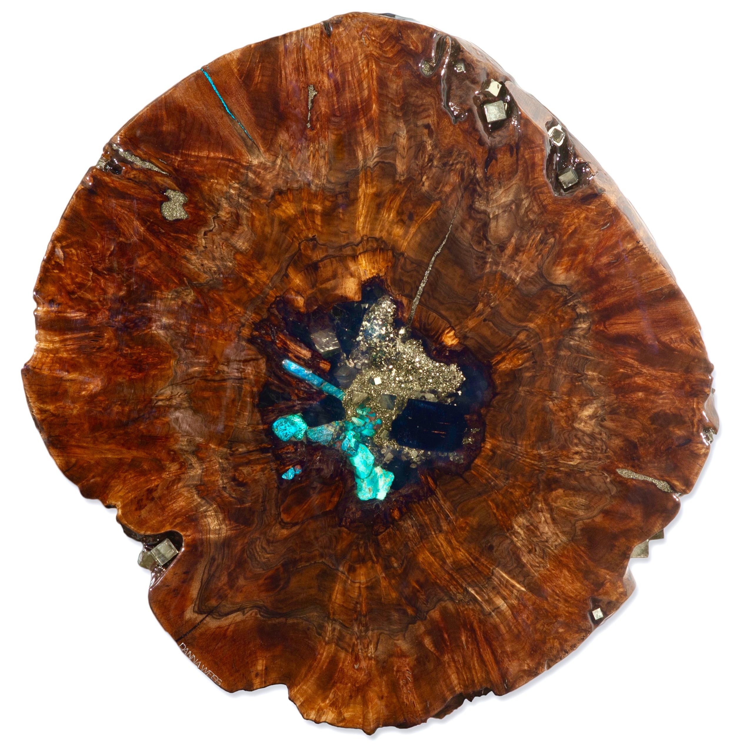 Other Walnut wood sculpture in resin with gemstone inlay