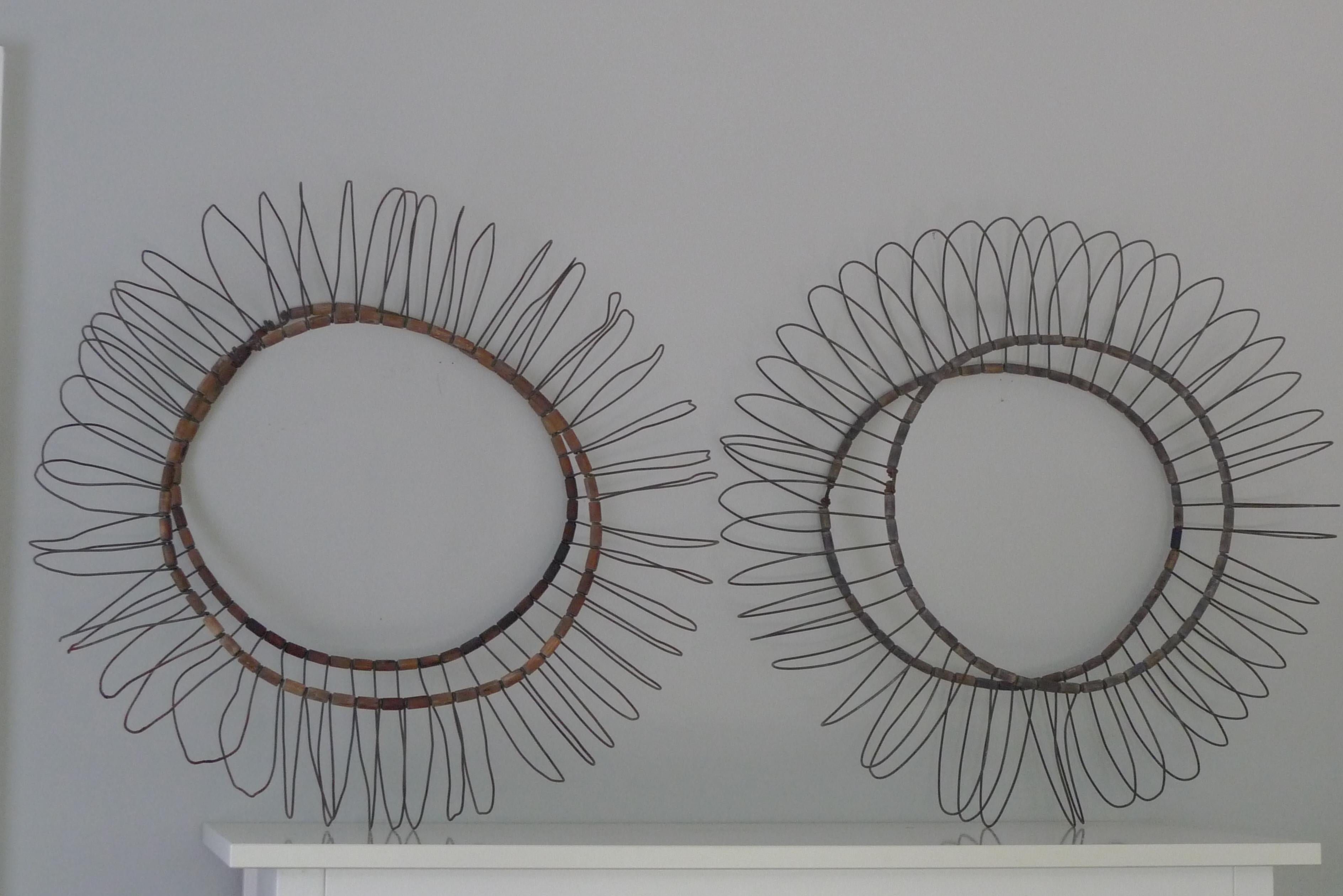 Industrial Sculpture for wall; midcentury bead wire tire structure, pair; like an eel trap For Sale