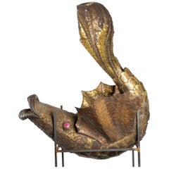 Sculpture, Fountain, Representative a Fish in Brass, Eyes in Ceramic, 1950-1960