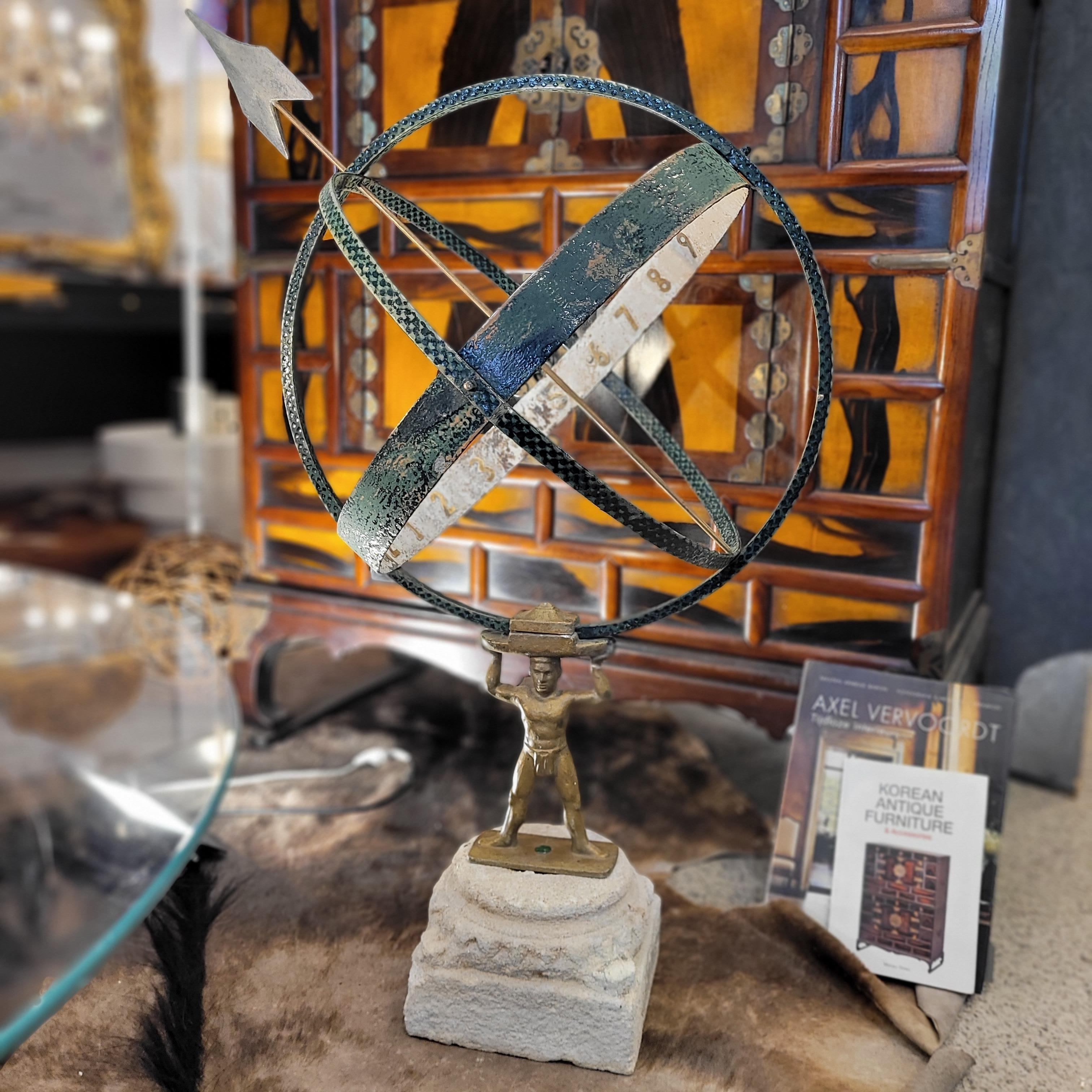 Mid-20th Century Sculpture  French “Armillary sundial”, Bronze and stone, midcentury