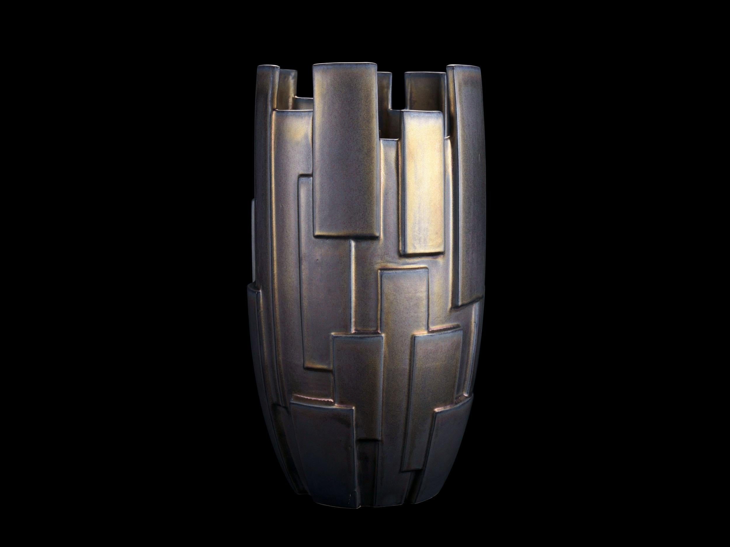 Sculpture Geometric Ceramic Vase Vessel Special Iridescent Bronze Glazed Italy For Sale 5
