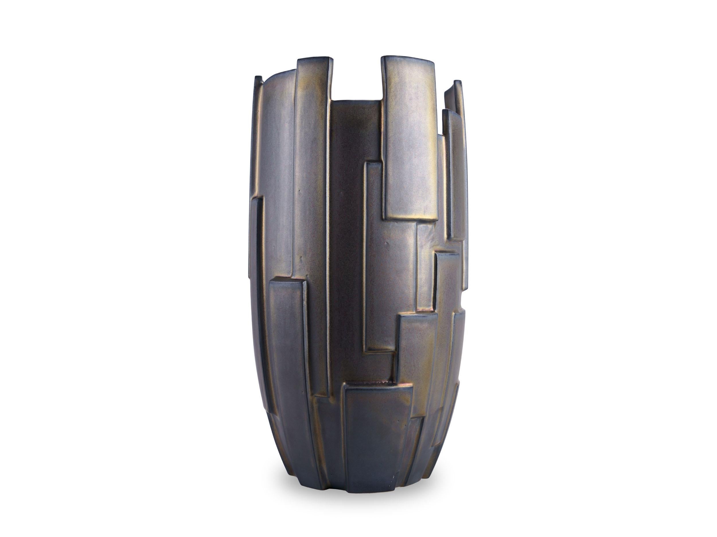 Sculpture Geometric Ceramic Vase Vessel Special Iridescent Bronze Glazed Italy For Sale 7