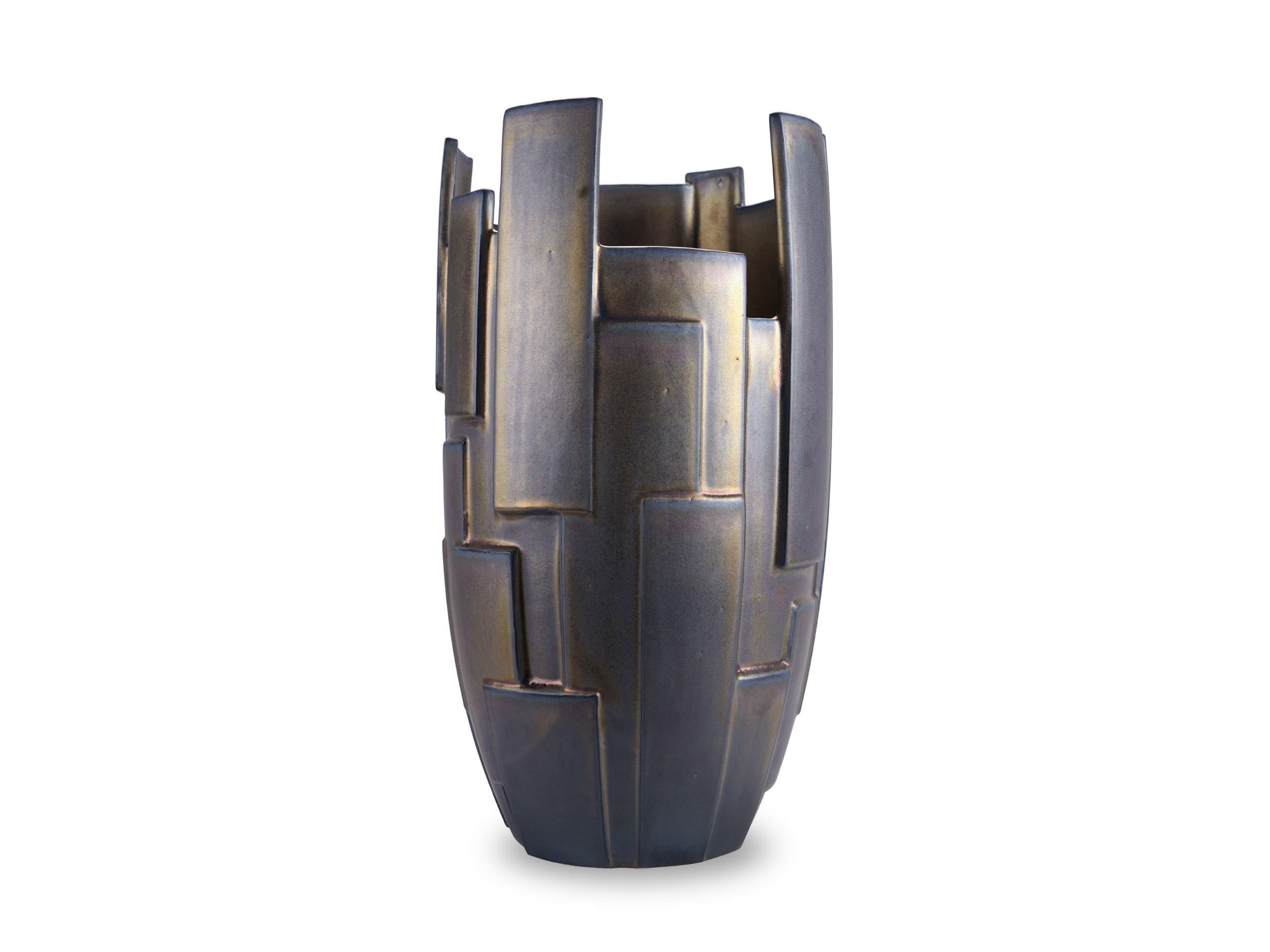 Sculpture Geometric Ceramic Vase Vessel Special Iridescent Bronze Glazed Italy For Sale 8