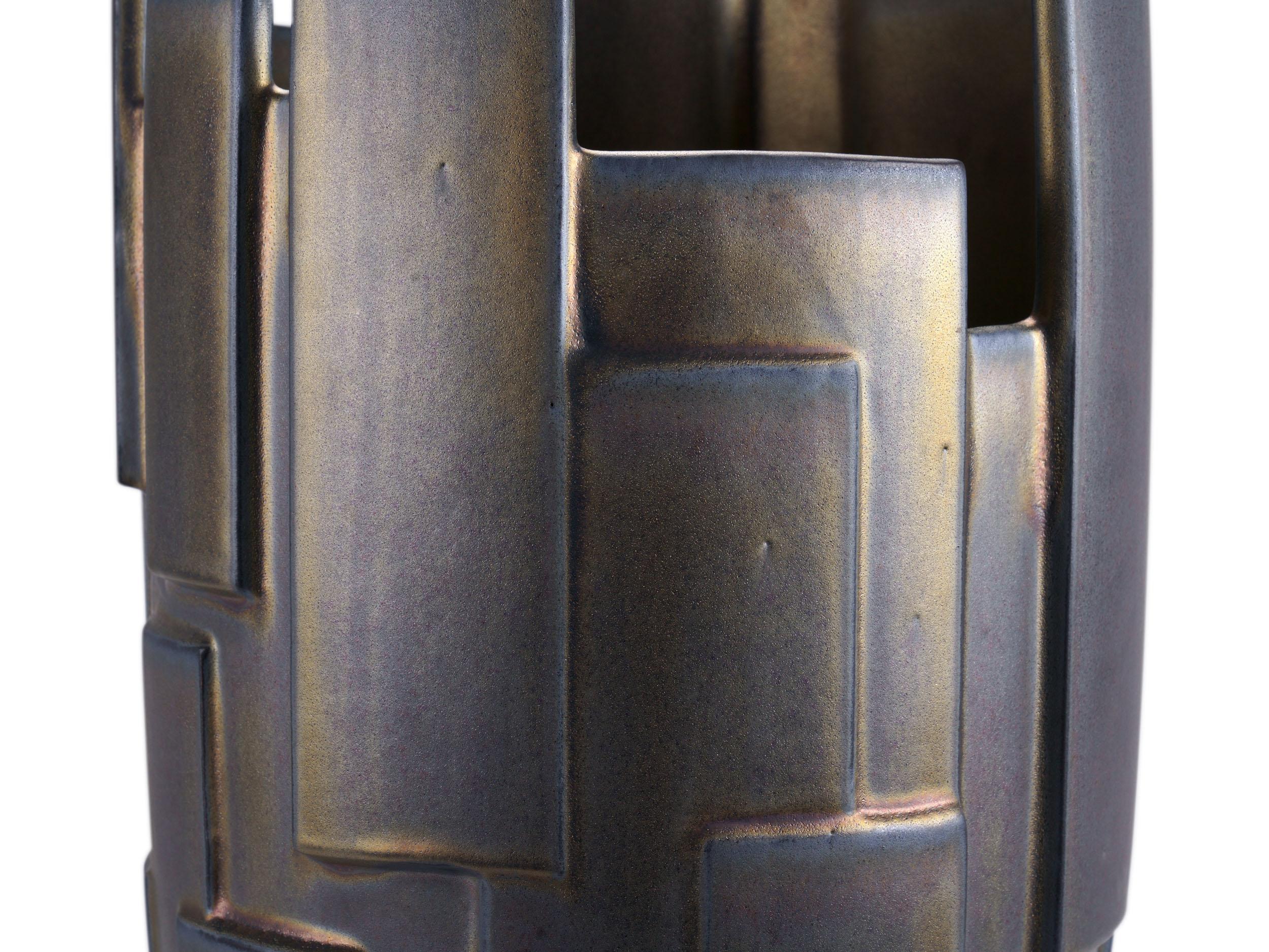 Modern Sculpture Geometric Ceramic Vase Vessel Special Iridescent Bronze Glazed Italy For Sale