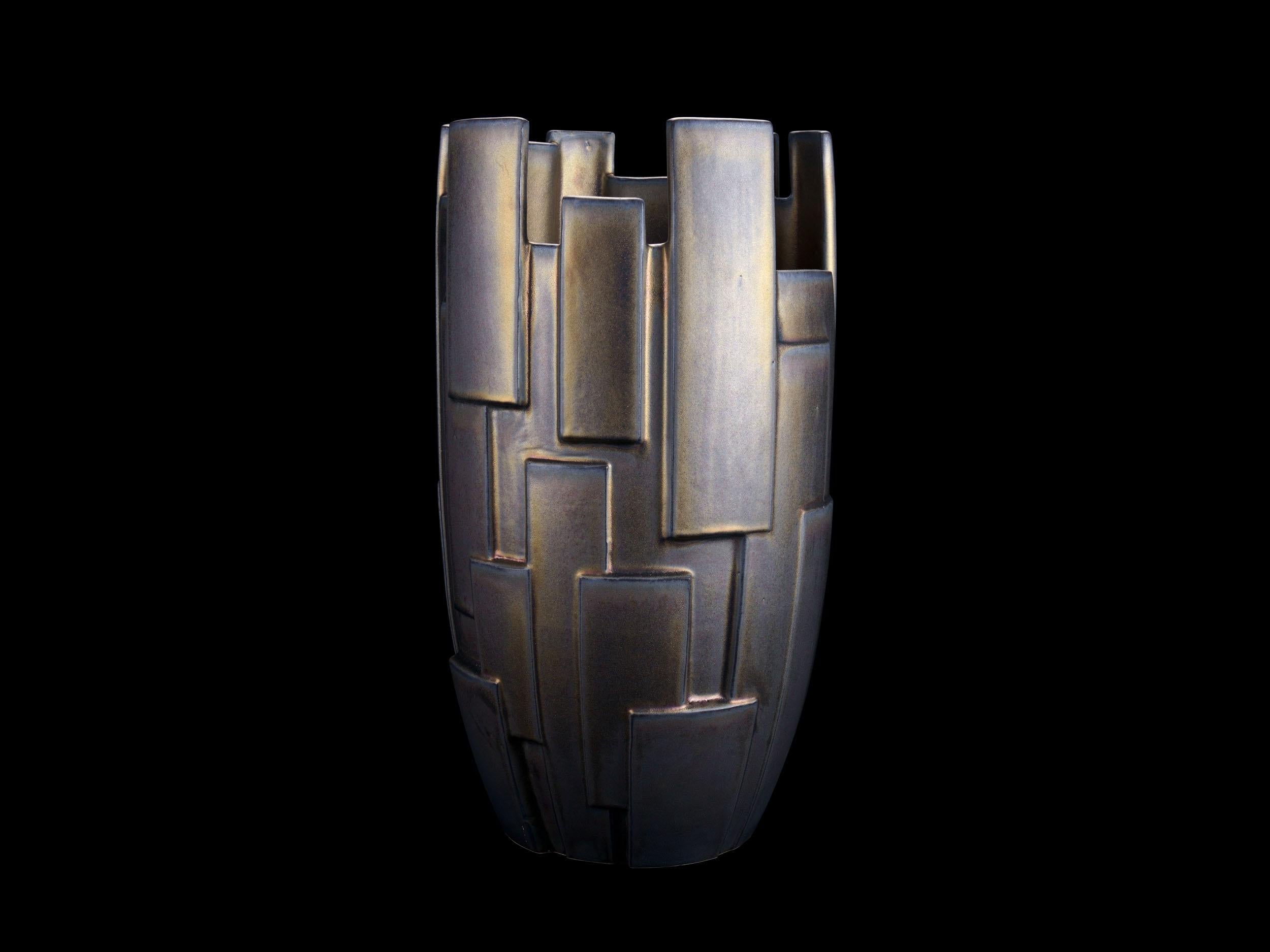 Italian Sculpture Geometric Ceramic Vase Vessel Special Iridescent Bronze Glazed Italy For Sale