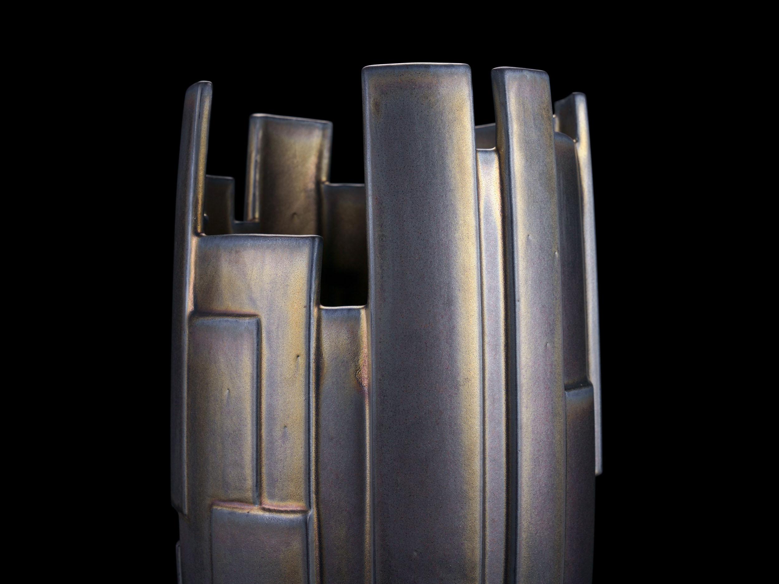 Contemporary Sculpture Geometric Ceramic Vase Vessel Special Iridescent Bronze Glazed Italy For Sale