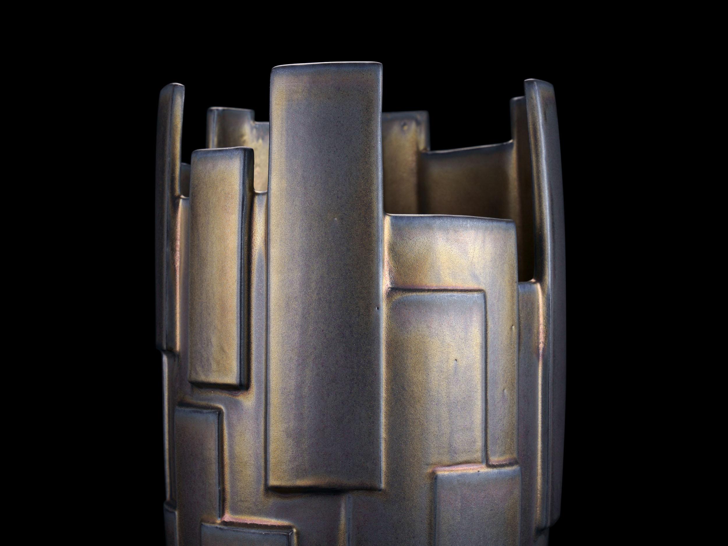 Sculpture Geometric Ceramic Vase Vessel Special Iridescent Bronze Glazed Italy For Sale 2