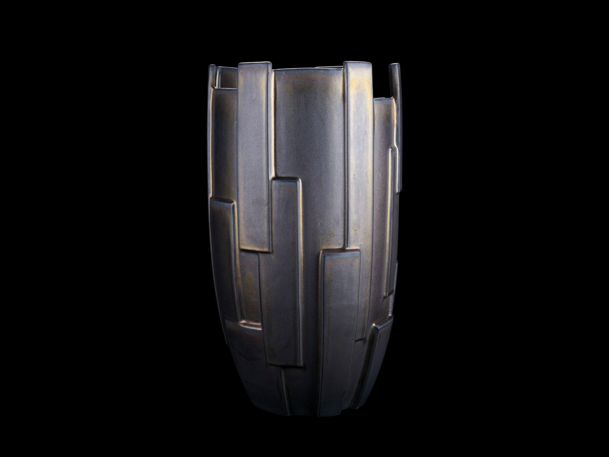 Sculpture Geometric Ceramic Vase Vessel Special Iridescent Bronze Glazed Italy For Sale 3