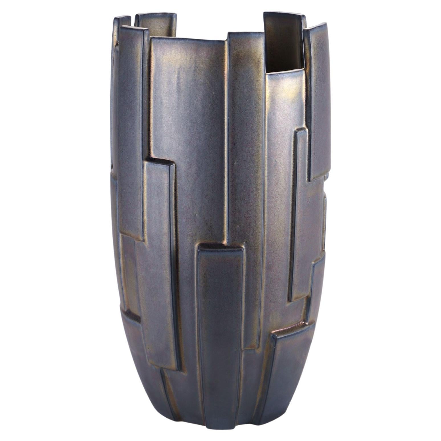 Sculpture Geometric Ceramic Vase Vessel Special Iridescent Bronze Glazed Italy For Sale