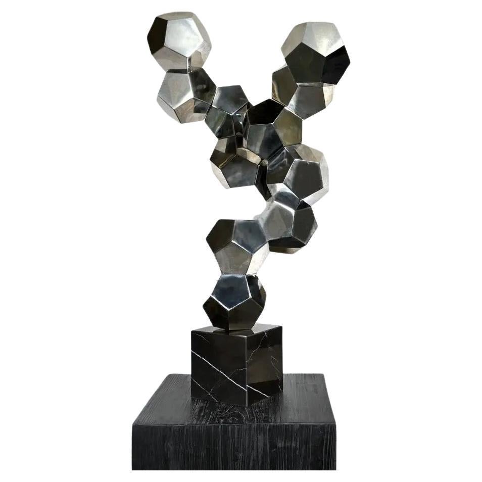 Sculpture: Geometric Composition in Chrome Metal and Marble For Sale