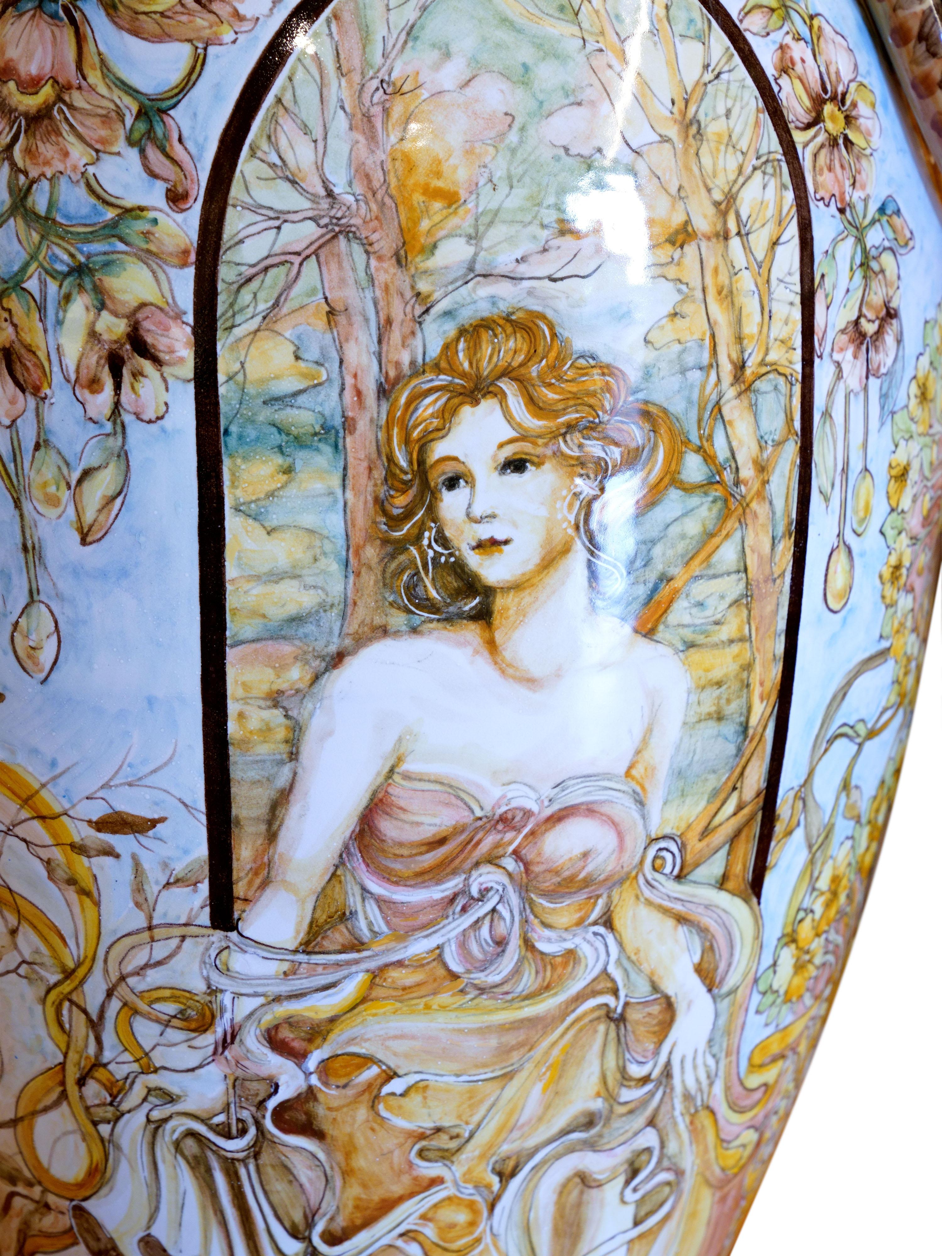 Sculpture Giant Amphora Vase Majolica Hand Painted Four Seasons Art Nouveau For Sale 3