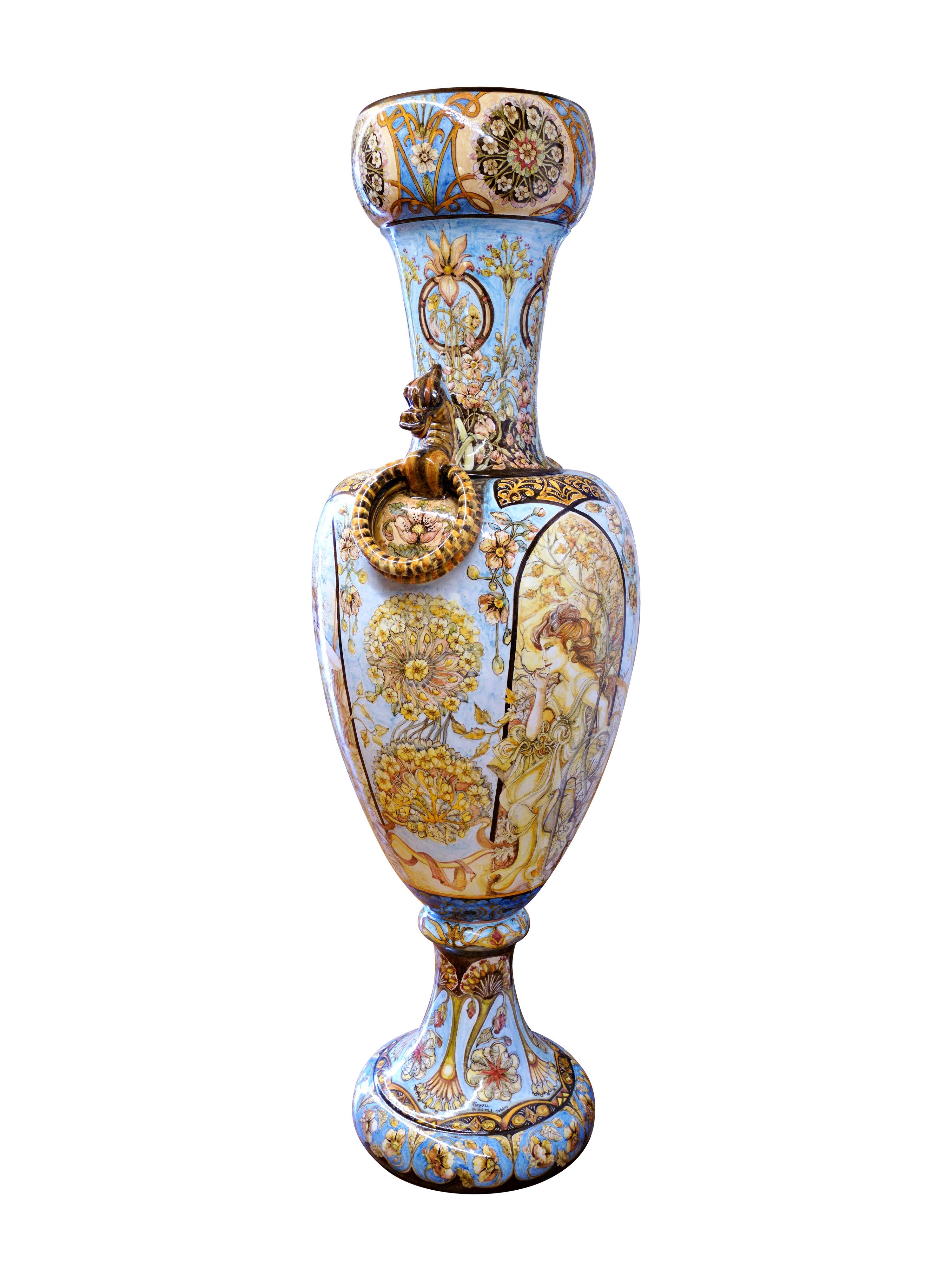 Hand-Carved Sculpture Giant Amphora Vase Majolica Hand Painted Four Seasons Art Nouveau For Sale