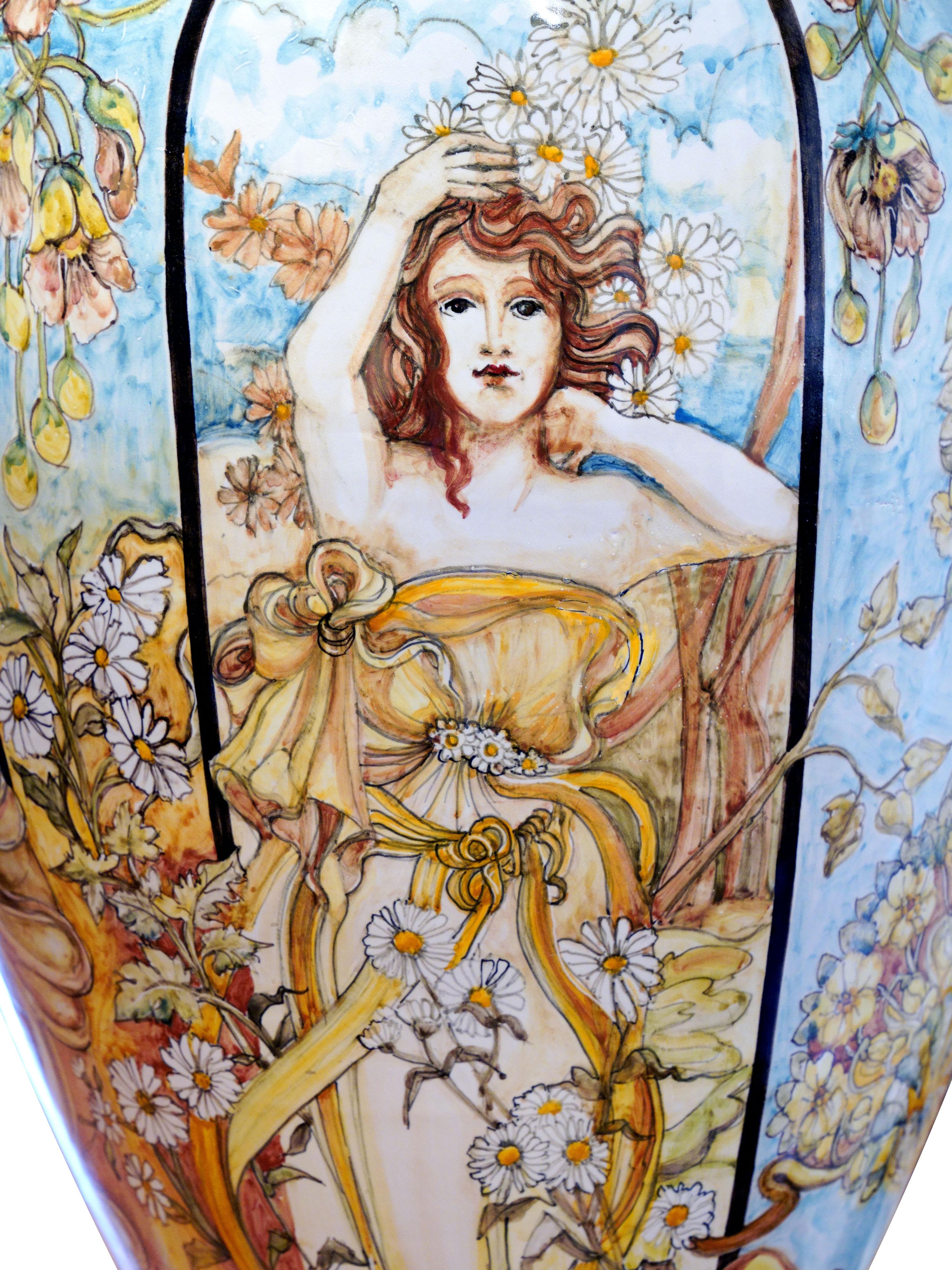 Sculpture Giant Amphora Vase Majolica Hand Painted Four Seasons Art Nouveau For Sale 2