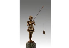 Sculpture Girl with Fishing Rod in Bronze, Art Deco Style, 20th Century