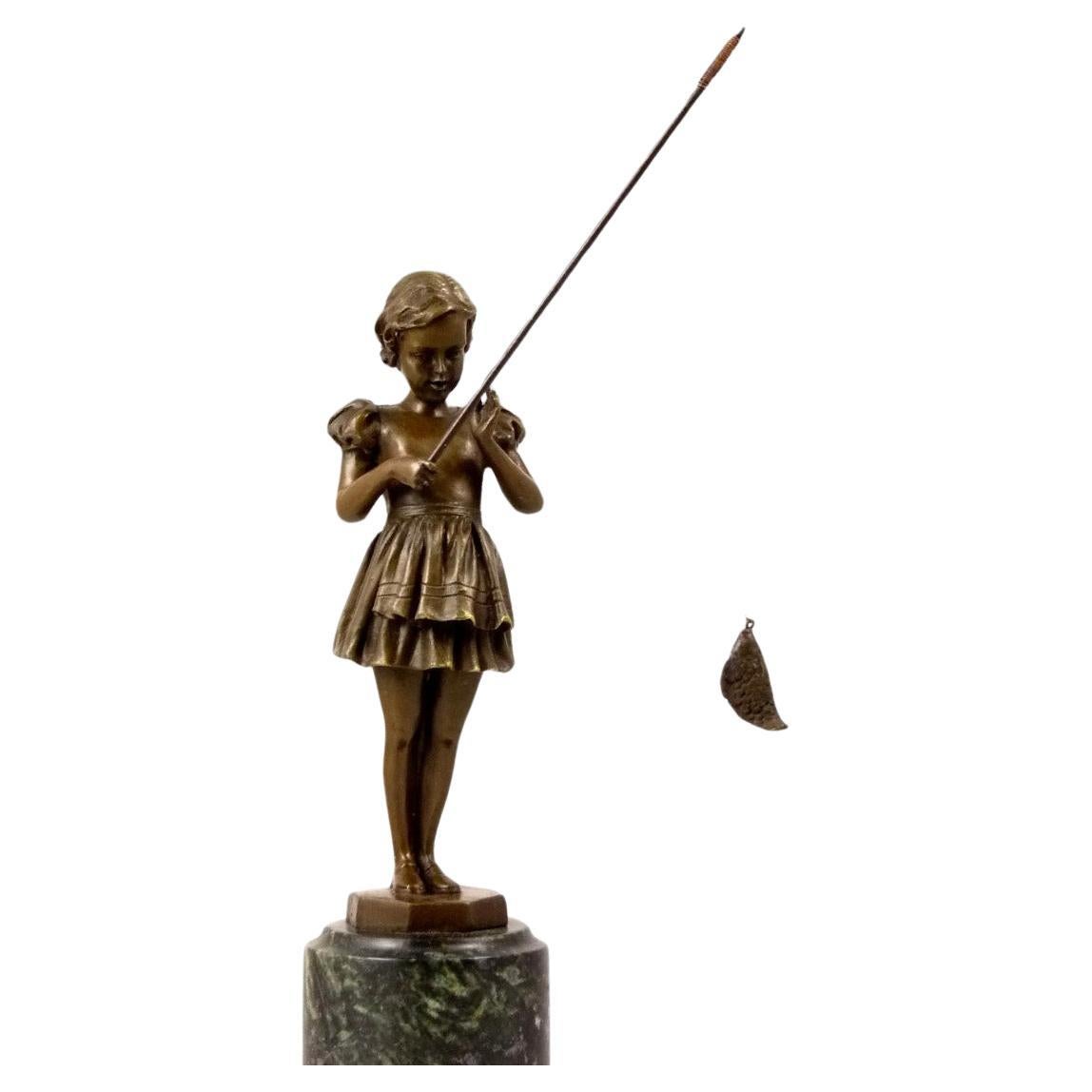 Sculpture Girl with Fishing Rod in Bronze, Art Deco Style, 20th Century For Sale