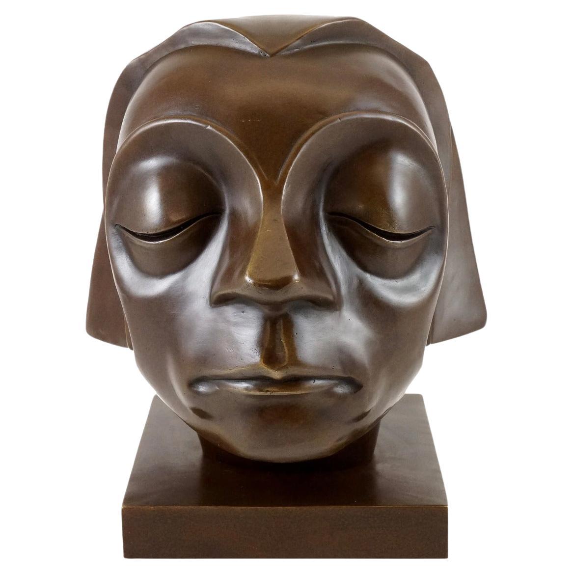 Sculpture Head in Bronze, Expressionist Style, 20th Century
