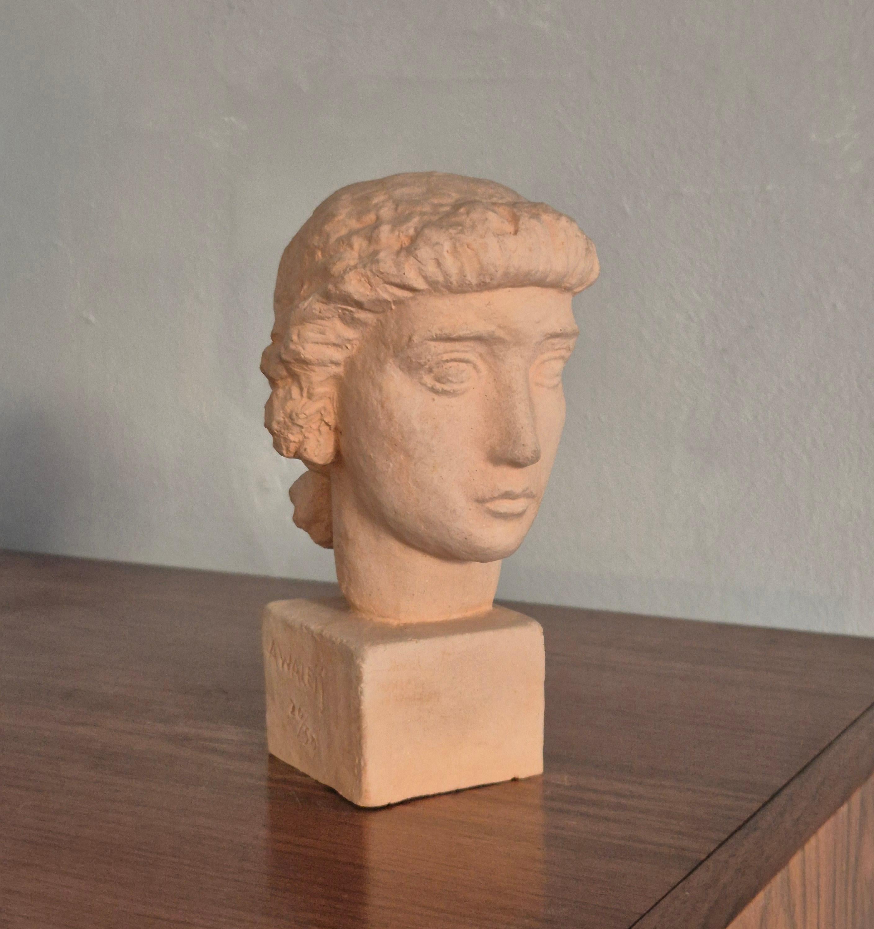 20th Century Sculpture, head of a woman in light terracotta, Alex Waleij, Sweden early 1900s. For Sale