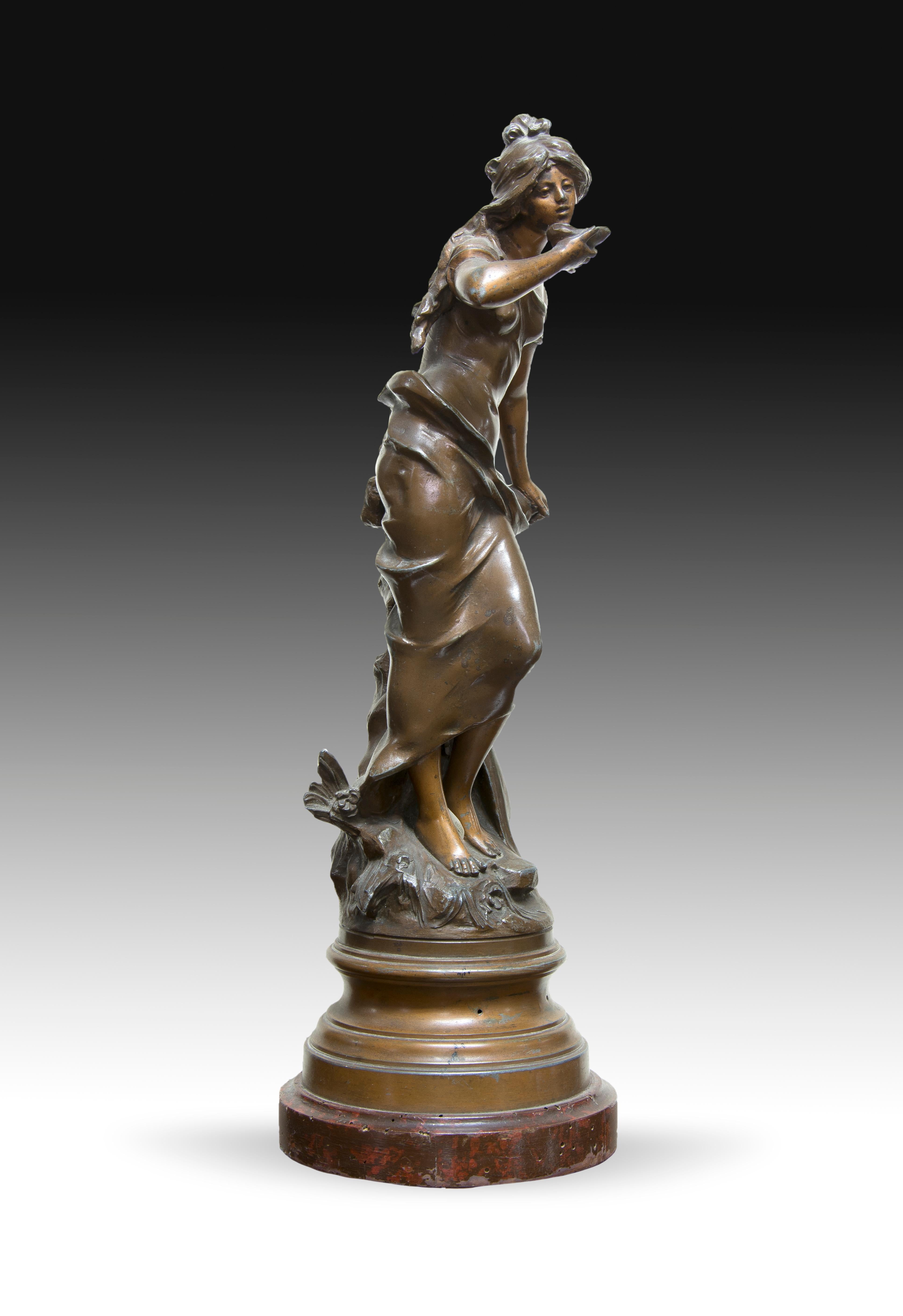 Sculpture in calamine. Signed “Aug. Moreau ”. Following models by Auguste Moreau, France, 19th century.
 It is reminiscent of works such as the bronze entitled 