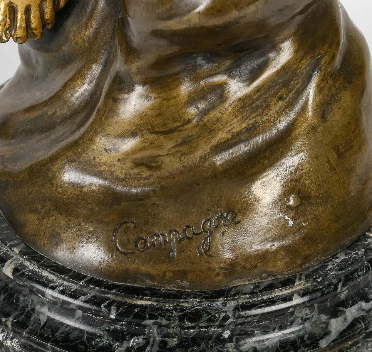 Skulptur aus vergoldeter und patinierter Bronze, signiert „Campagne“, 19. Jahrhundert. im Angebot 4