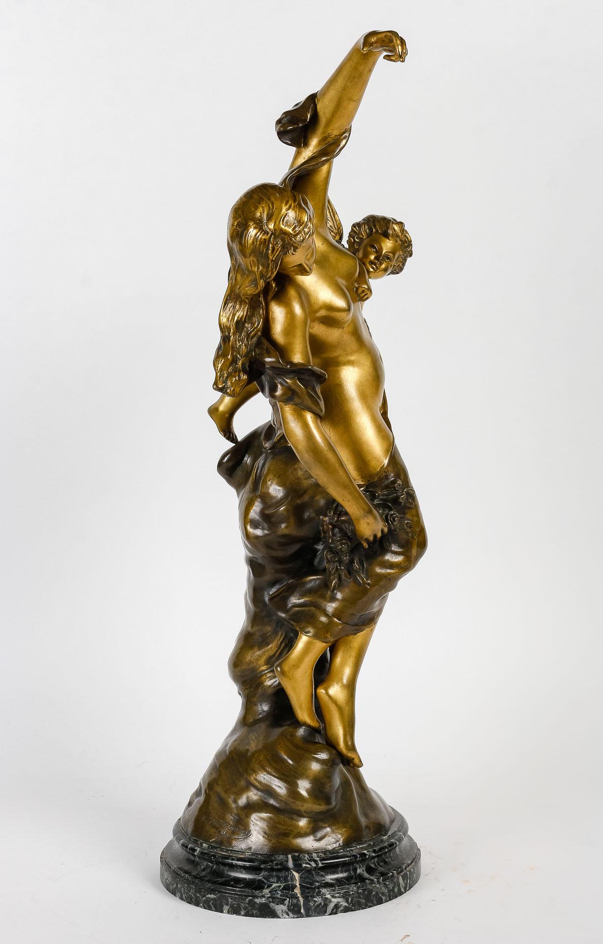 Skulptur aus vergoldeter und patinierter Bronze, signiert „Campagne“, 19. Jahrhundert. (Vergoldet) im Angebot