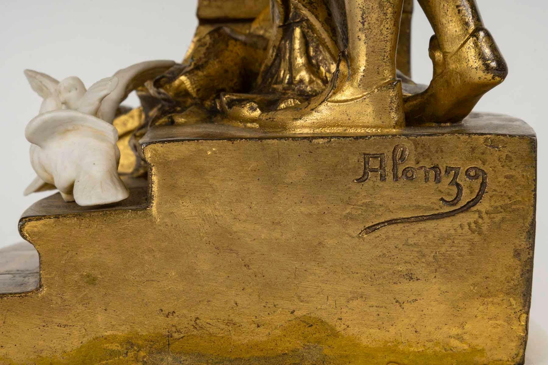 Sculpture in Gilded Bronze, Signed Alonzo, 19th Century. 4