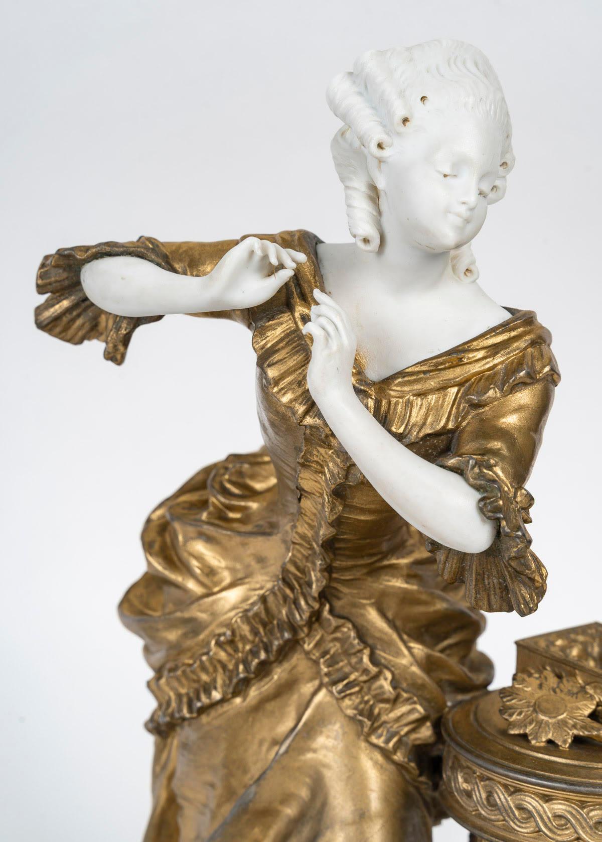 Skulptur aus vergoldetem Stuck, Biskuit und Kirschmarmor aus der Zeit Napoleons III. im Zustand „Gut“ im Angebot in Saint-Ouen, FR