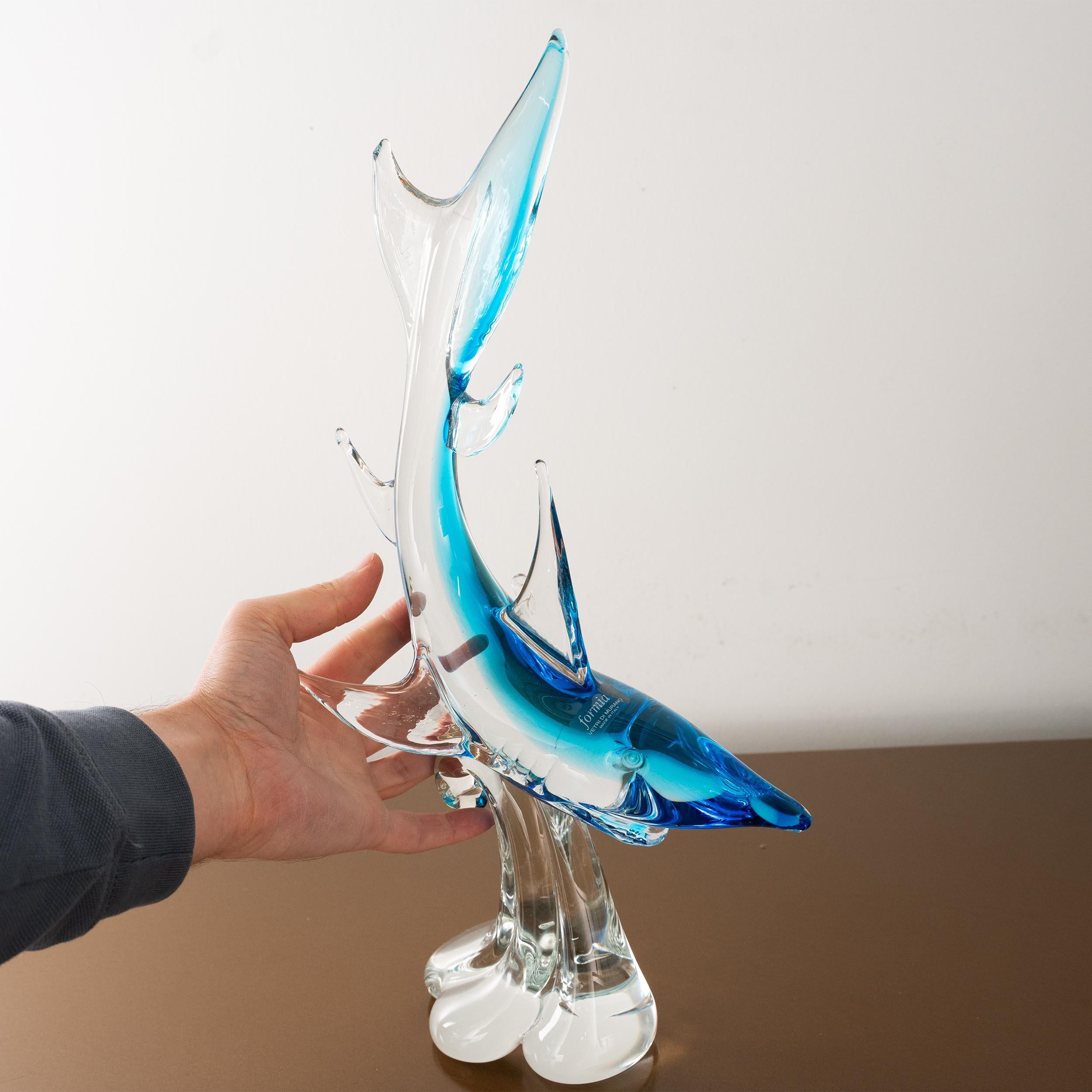 Sculpture in Murano glass, blue Shark with crystal details, Italy in stock For Sale 4