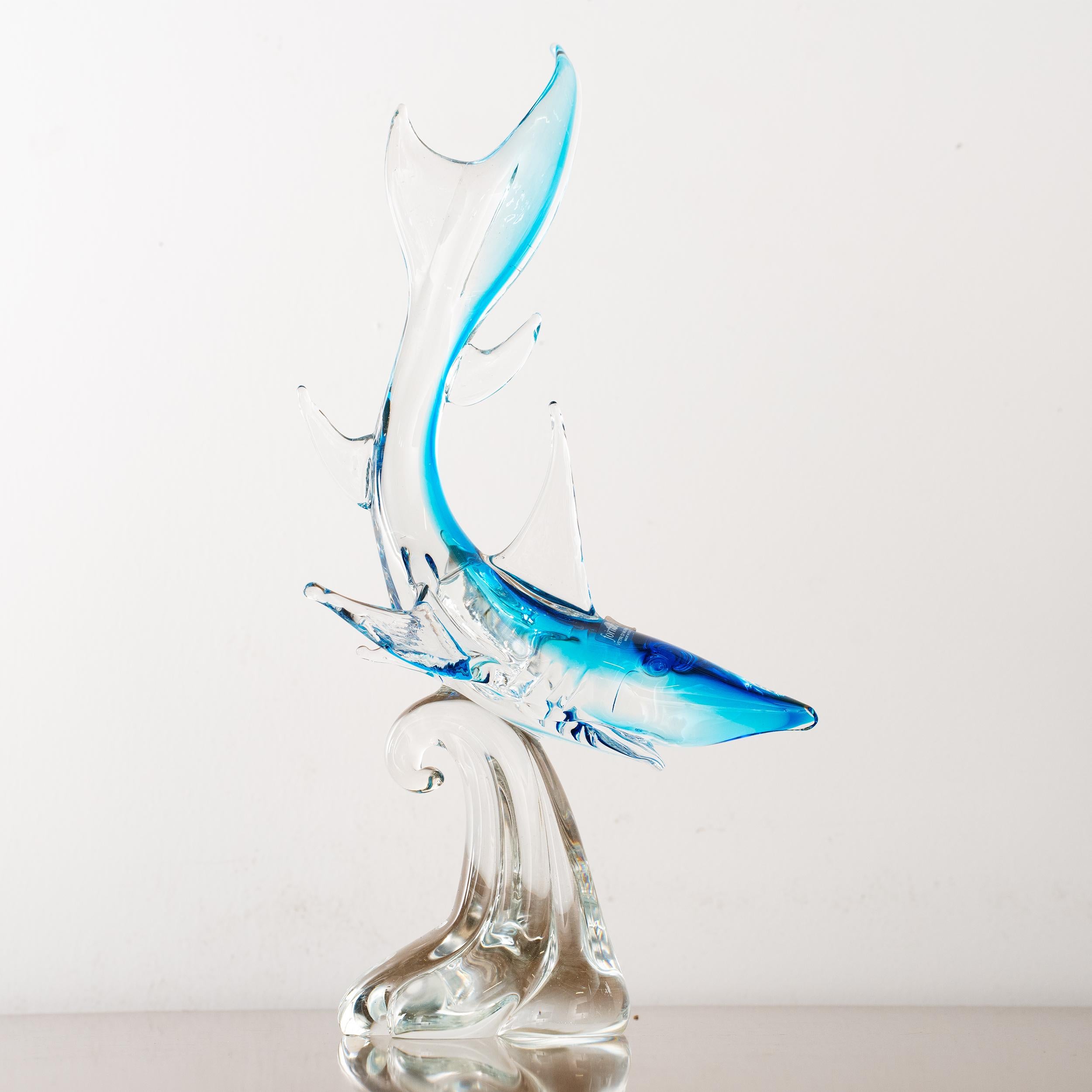 Italian Sculpture in Murano glass, blue Shark with crystal details, Italy in stock For Sale