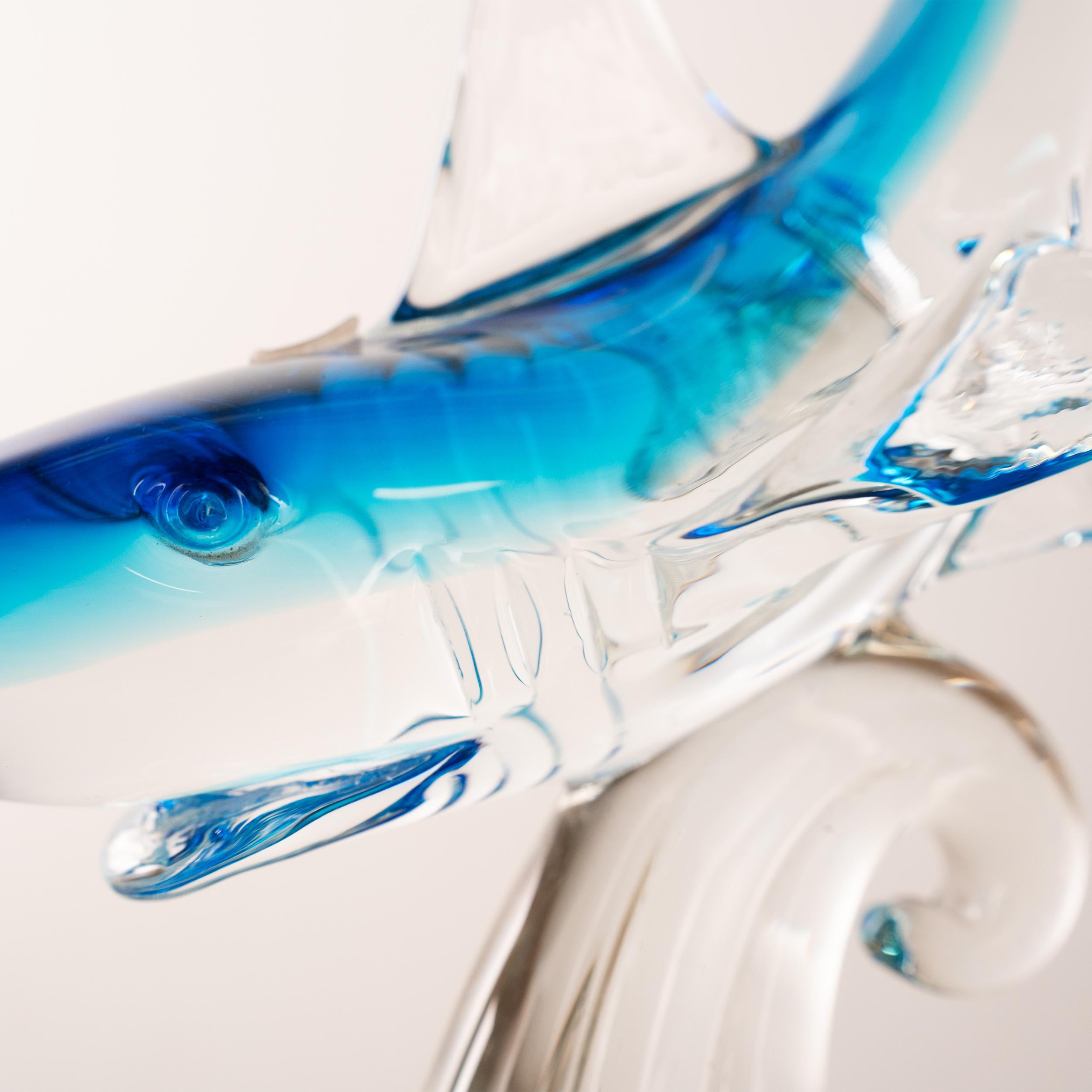 20th Century Sculpture in Murano glass, blue Shark with crystal details, Italy in stock For Sale