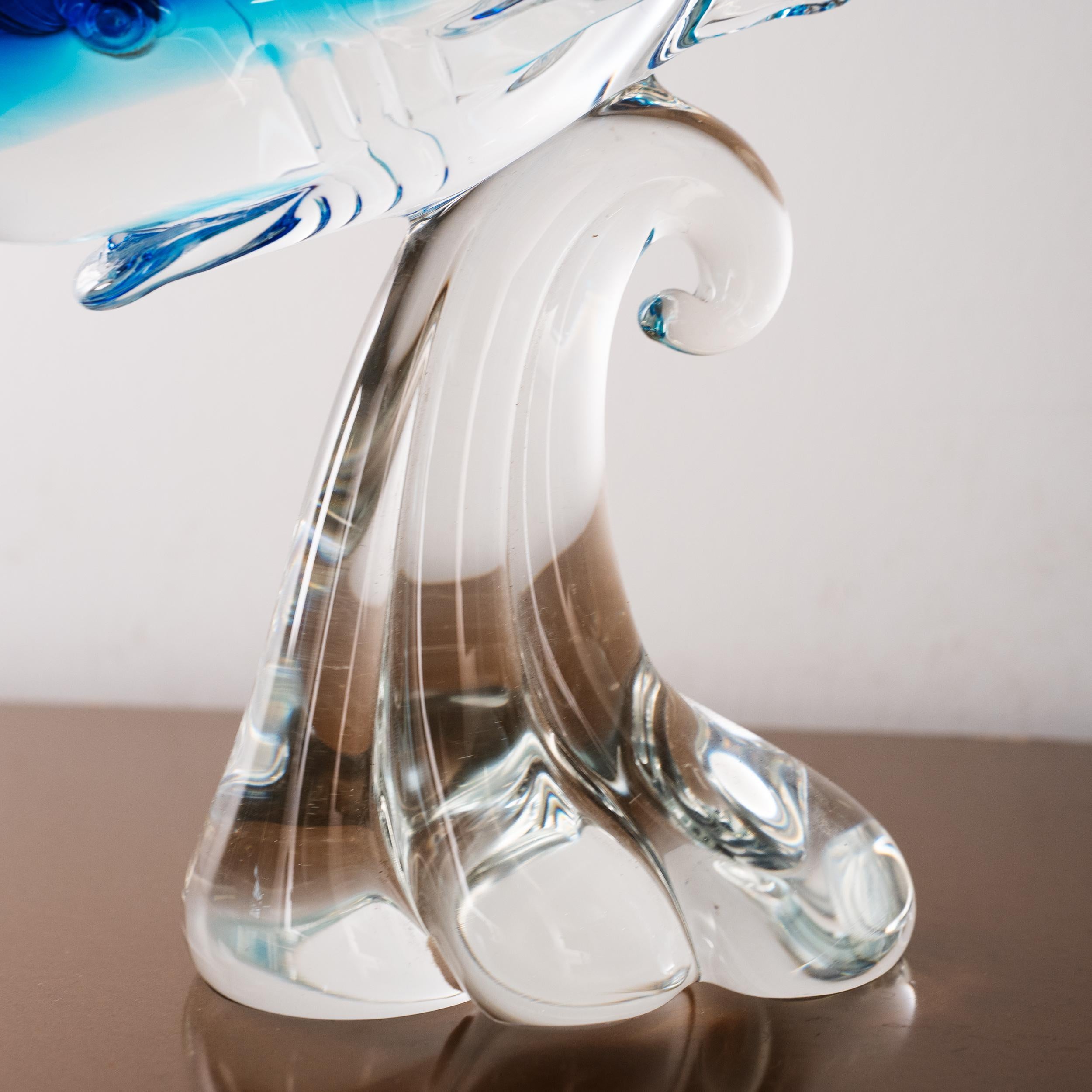 Sculpture in Murano glass, blue Shark with crystal details, Italy in stock For Sale 1