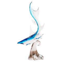 Sculpture in Murano glass, blue Shark with crystal details, Italy in stock