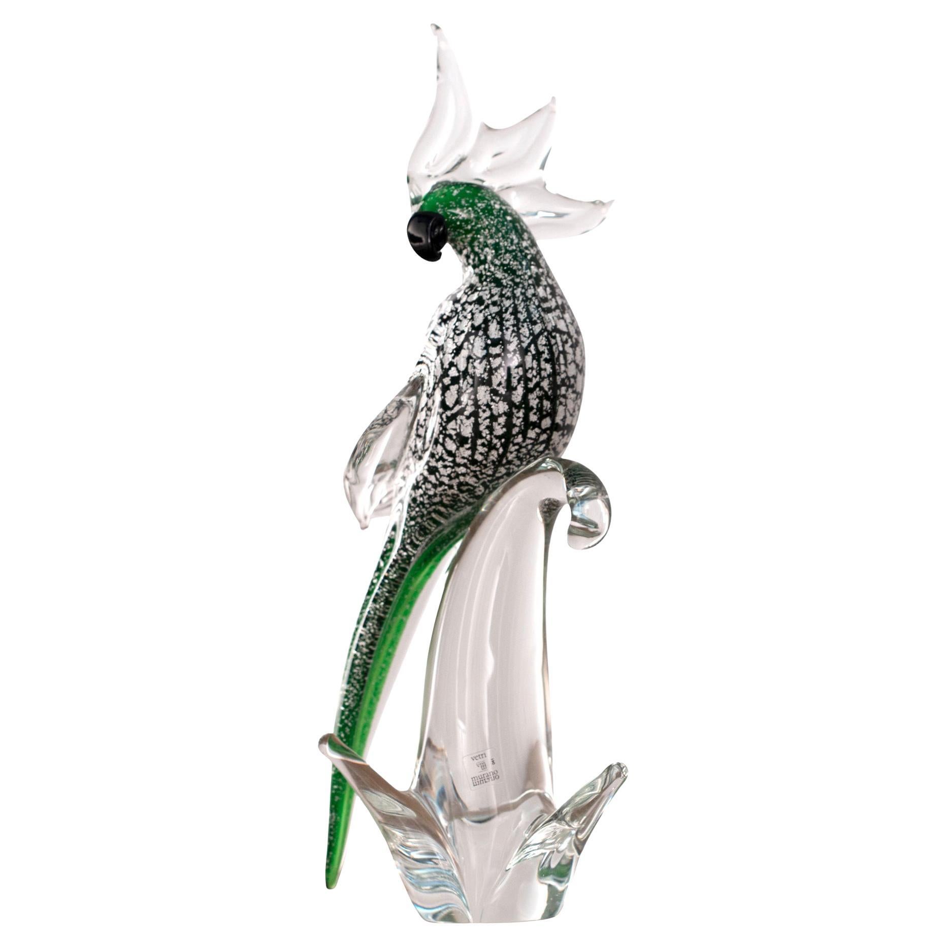 Scultura in vetro di Murano, pappagallo verde con foglia d'argento di Formia Venezia Italia