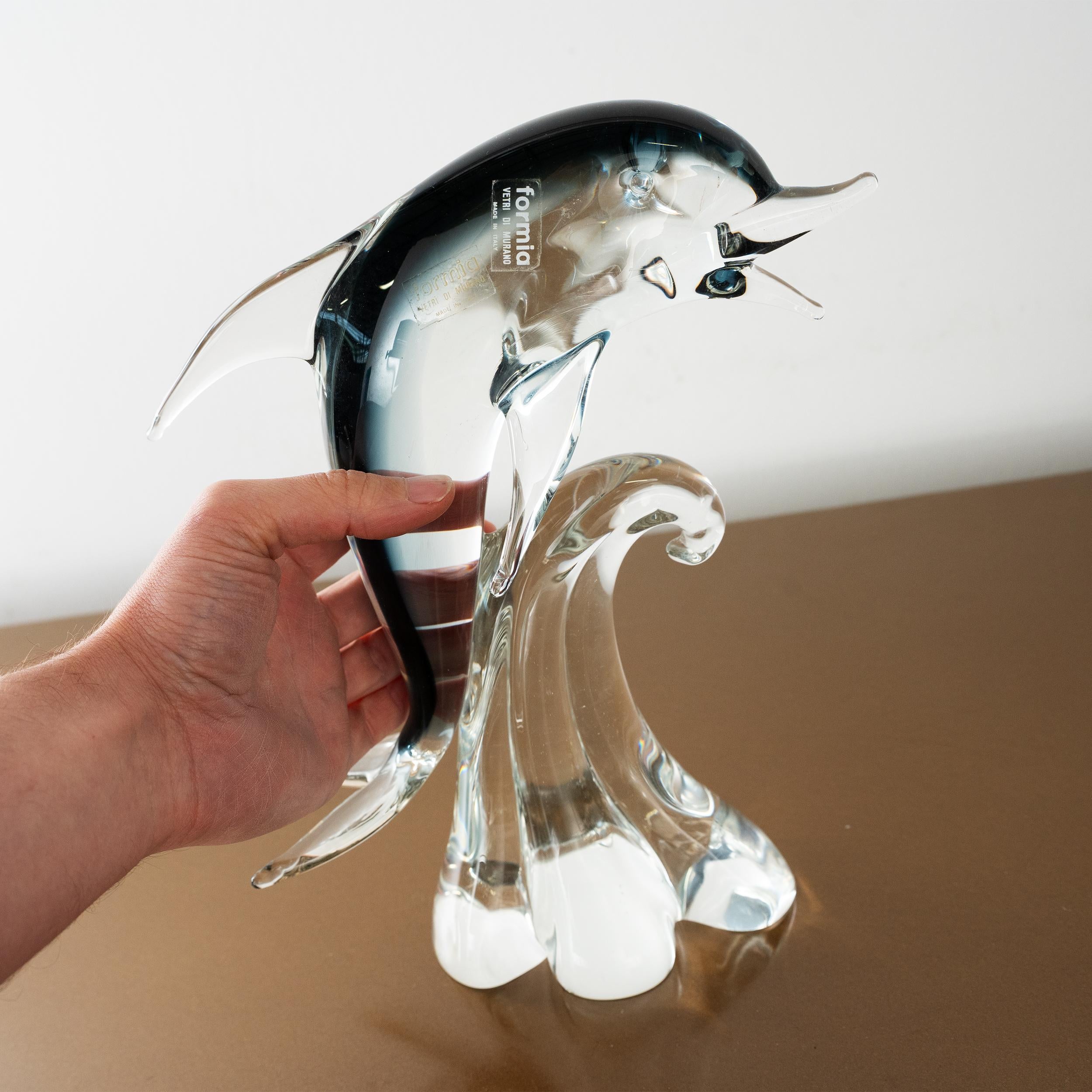 Sculpture in Murano glass, grey Dolphin with crystal details, Italy in stock For Sale 3