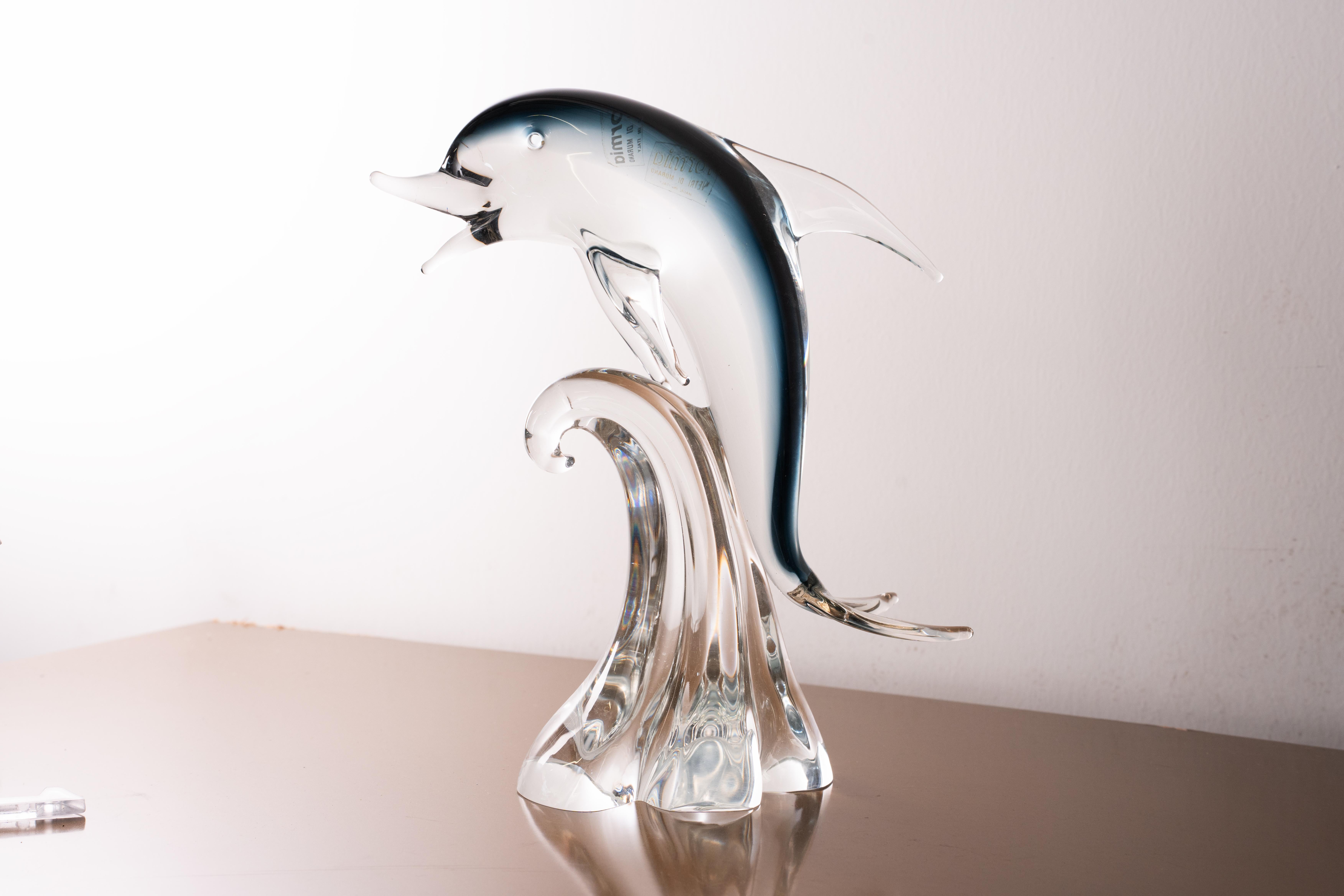 Sculpture in Murano glass, grey Dolphin with crystal details, Italy in stock For Sale 4