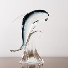 Sculpture in Murano glass, grey Dolphin with crystal details, Italy in stock
