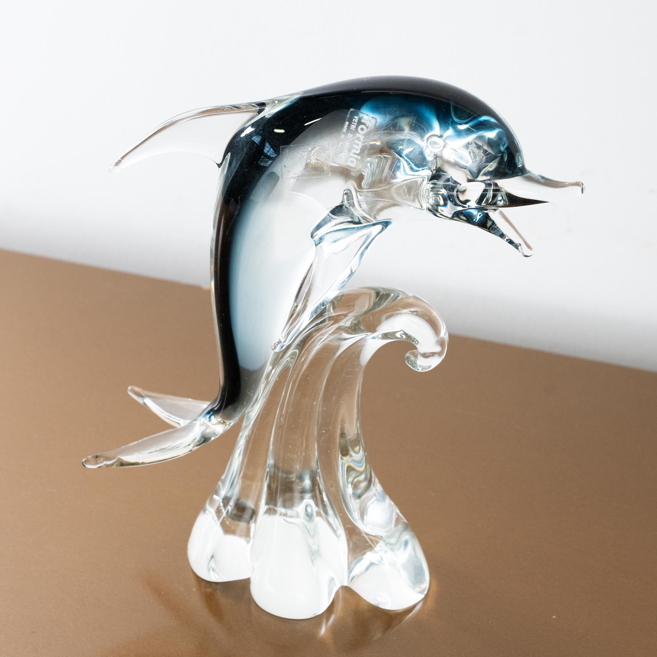 Italian Sculpture in Murano glass, grey Dolphin with crystal details, Italy in stock For Sale