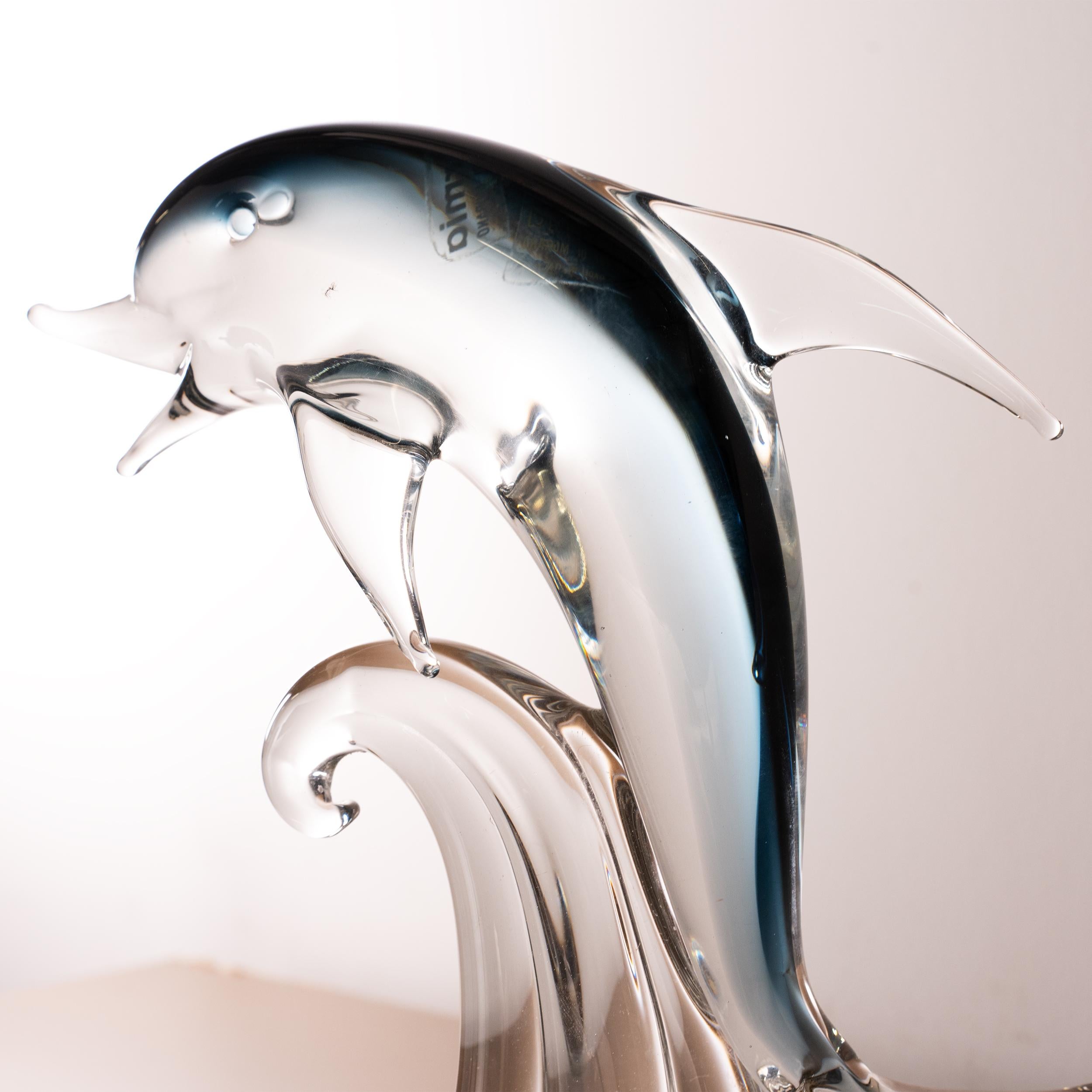 Hand-Crafted Sculpture in Murano glass, grey Dolphin with crystal details, Italy in stock For Sale