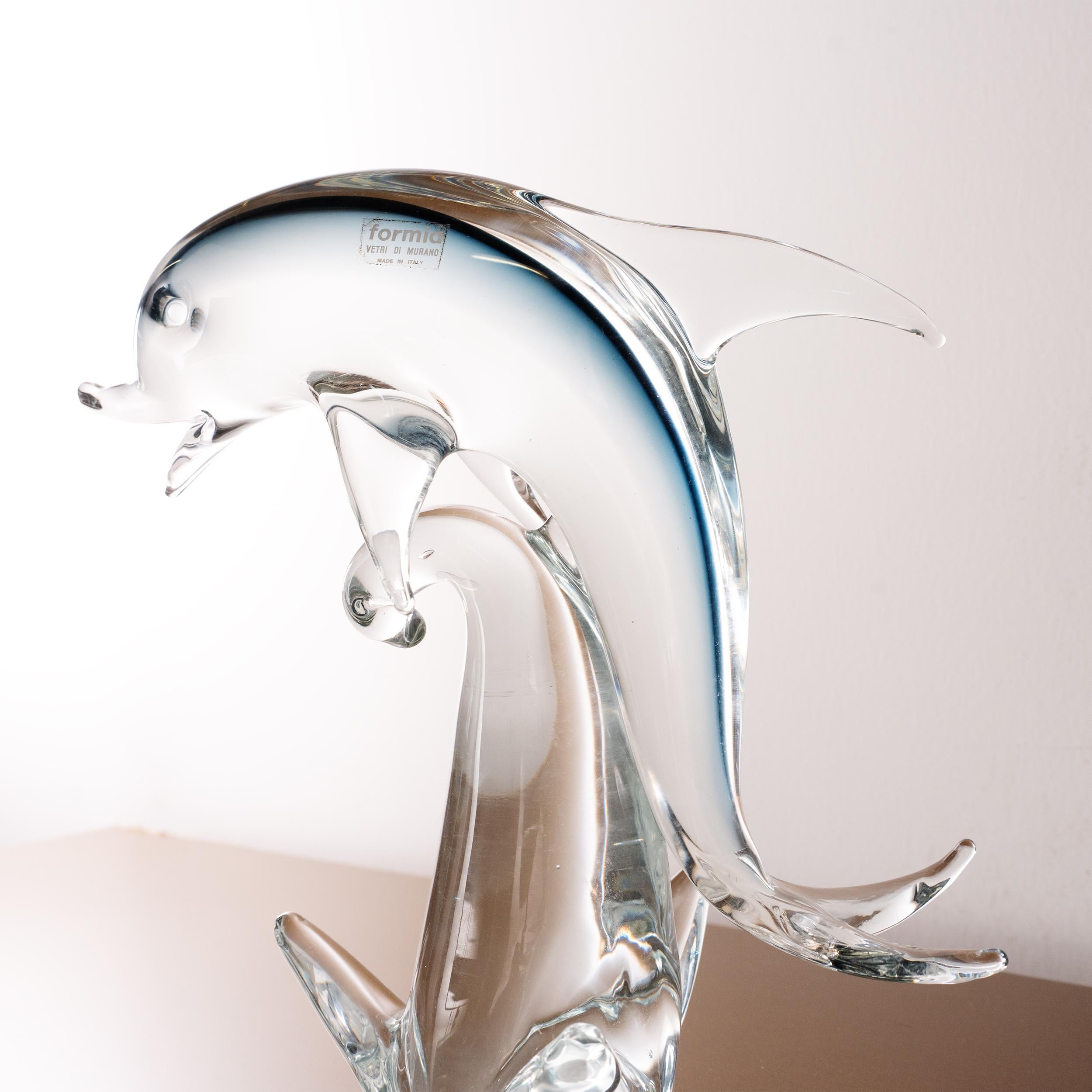 Hand-Crafted Sculpture in Murano glass, grey Dolphin with crystal details, Italy in stock For Sale