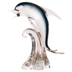 Sculpture in Murano glass, grey Dolphin with crystal details, Italy in stock