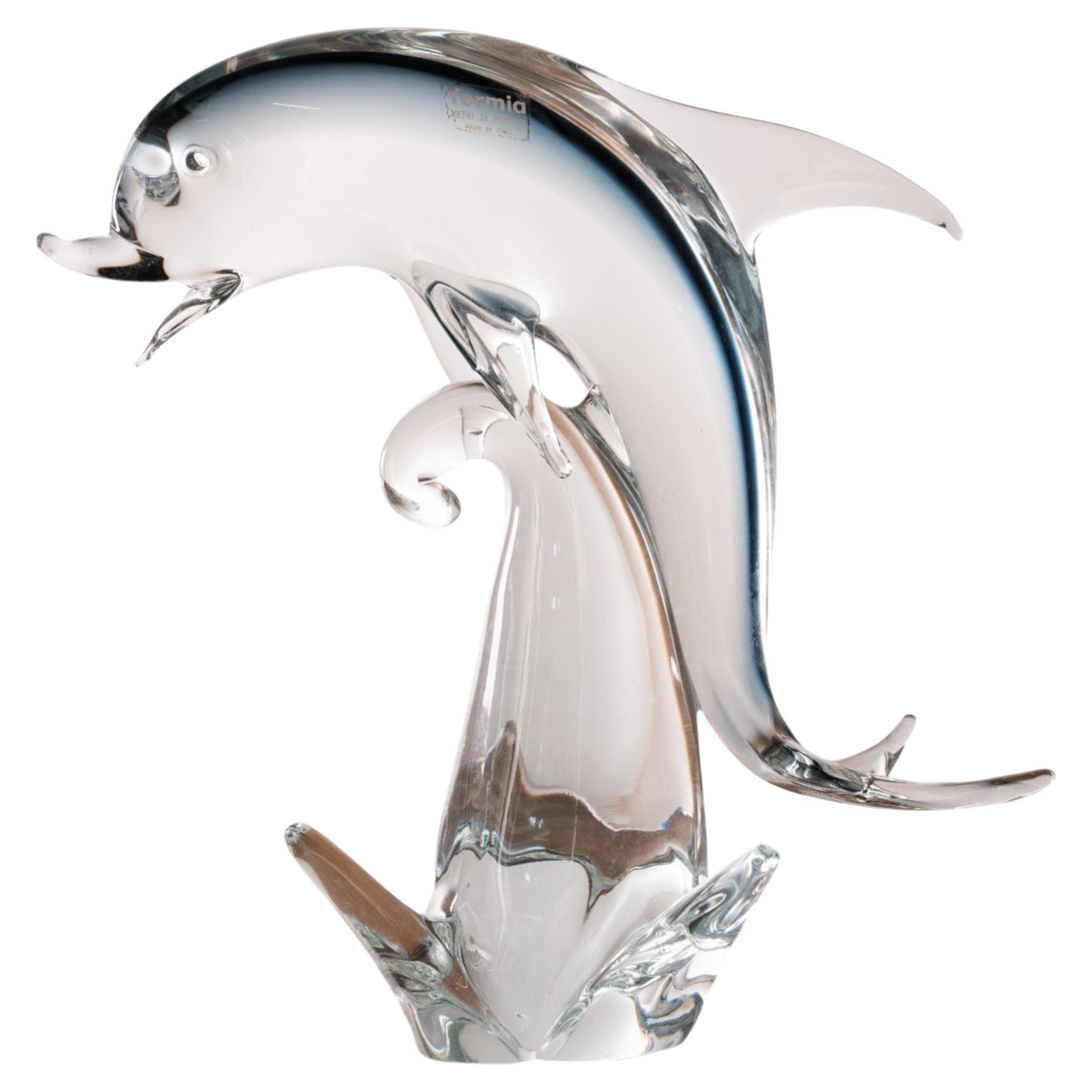 Sculpture in Murano glass, grey Dolphin with crystal details, Italy in stock
