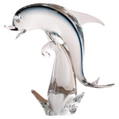 Sculpture in Murano glass, grey Dolphin with crystal details, Italy in stock