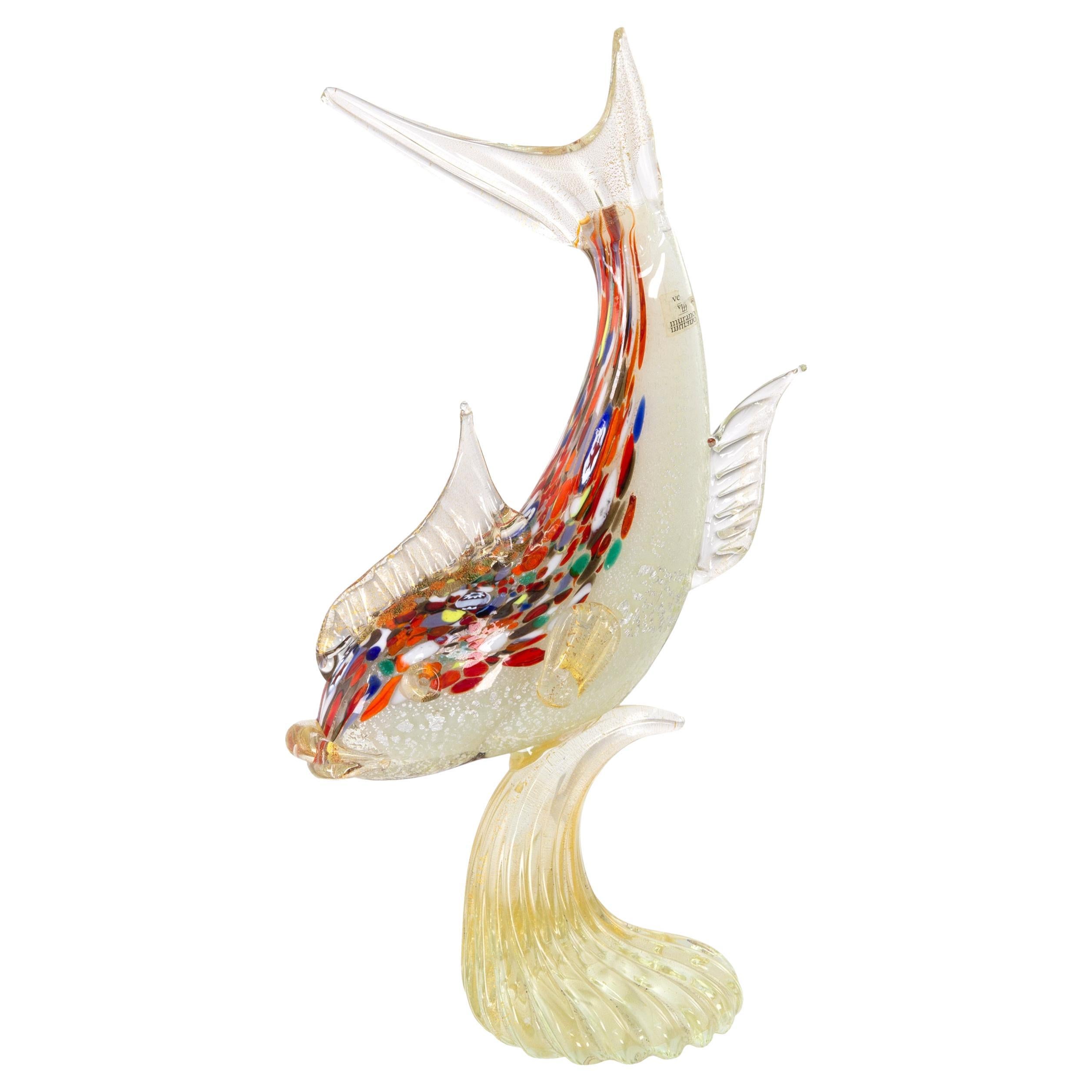 Sculpture en verre de Murano, poisson multicolore avec détails en feuille d'or, Made in Italy