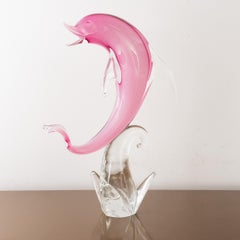 Sculpture in Murano glass, pink Dolphin with crystal details, Italy in stock
