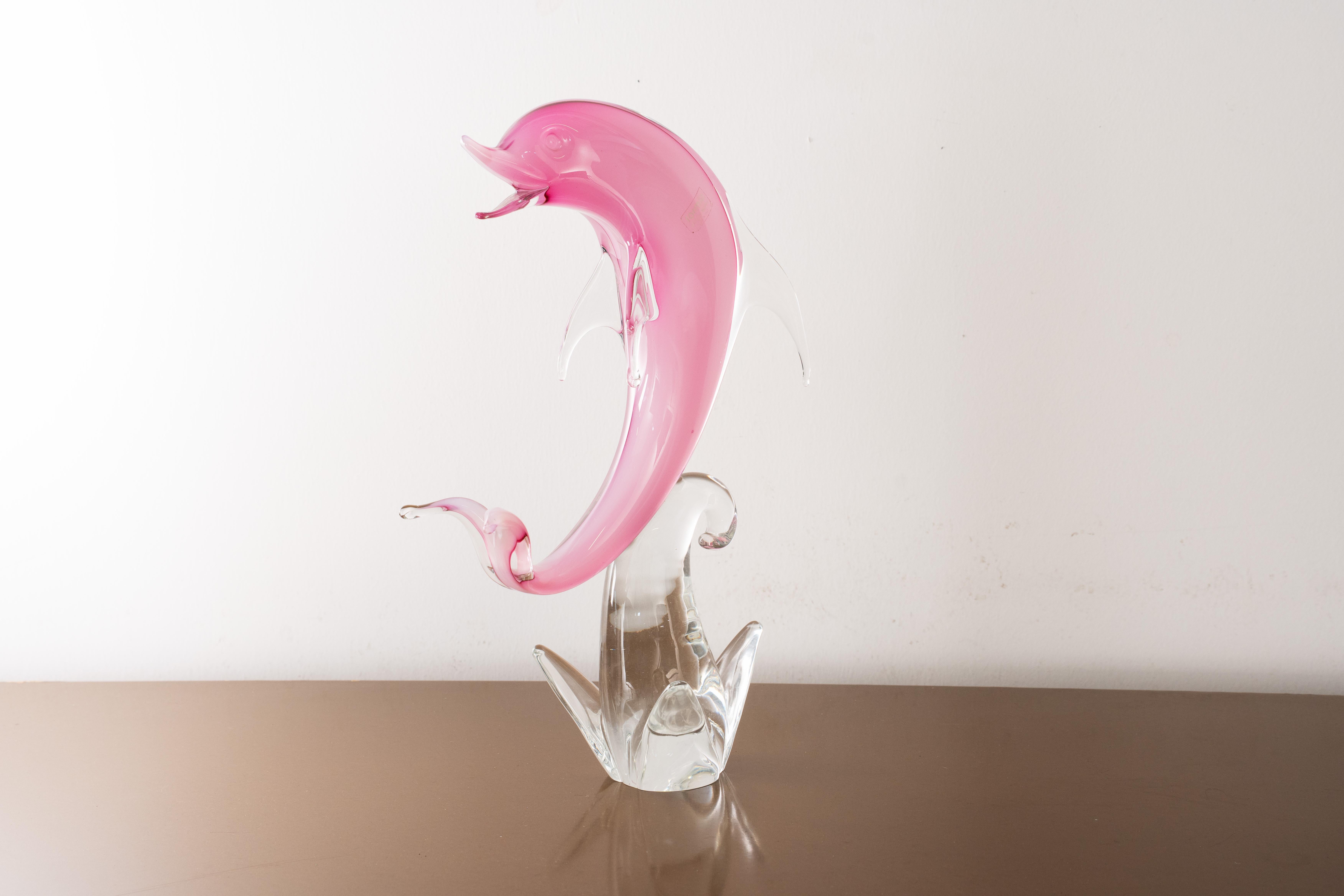 Italian Sculpture in Murano glass, pink Dolphin with crystal details, Italy in stock For Sale